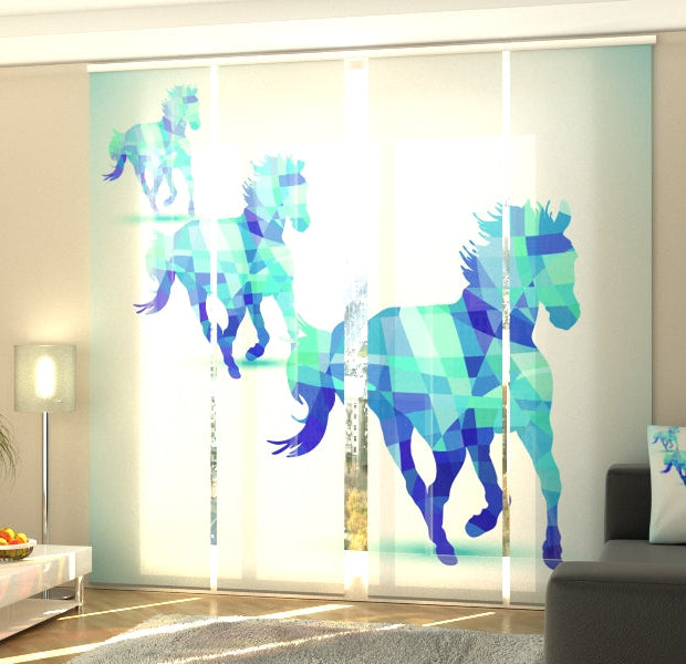 Set of 4 Panel Track Blinds - Blue Horses