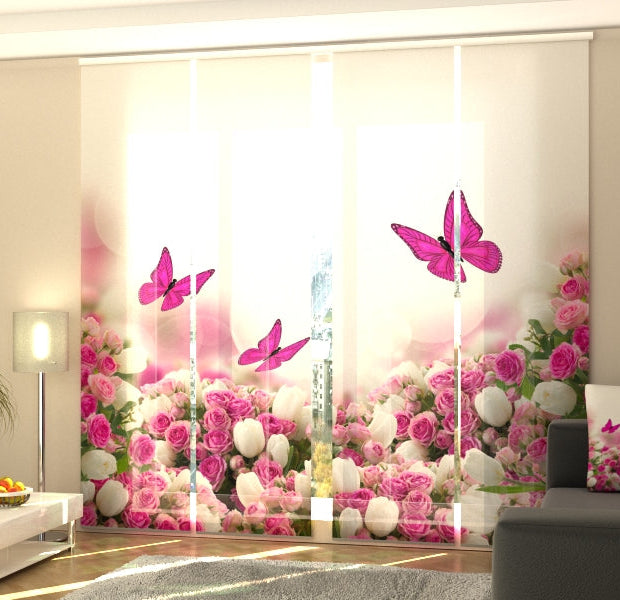 Set of 4 Panel Track Blinds - Crimson Butterflies and Flowers