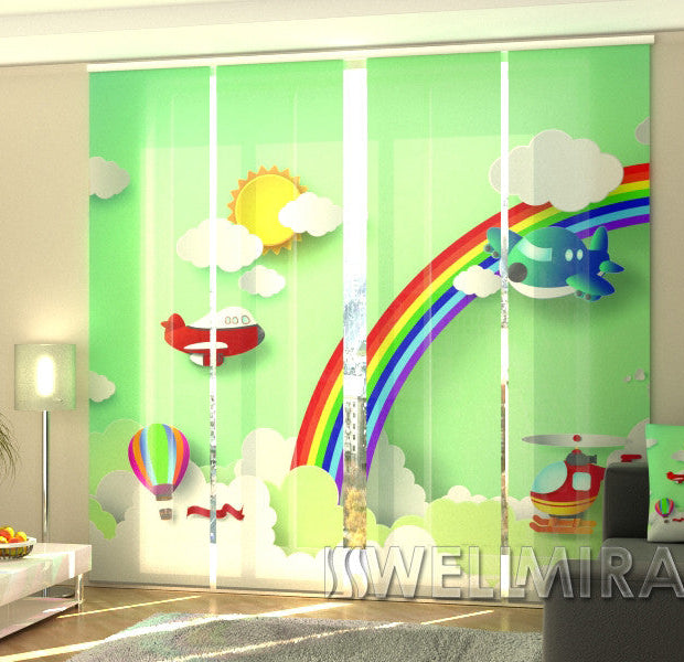 Set of 4 Panel Track Blinds - Helicopter over the Rainbow