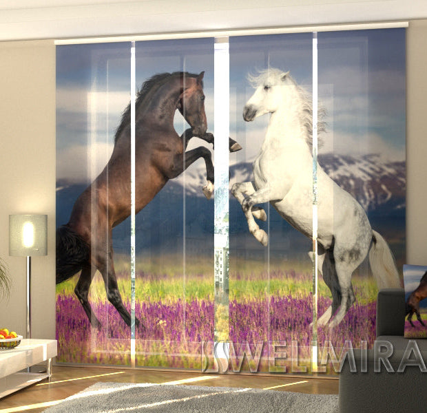 Set of 4 Panel Track Blinds - Horses on a Lavender Field
