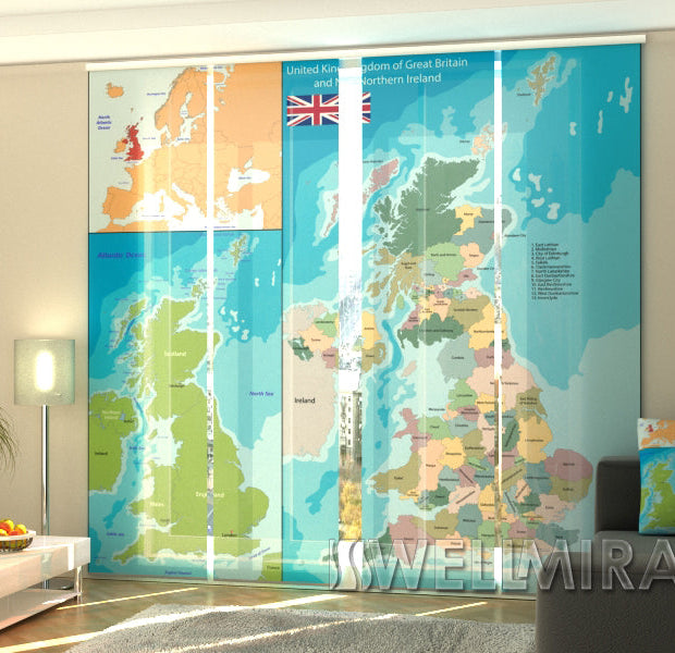 Set of 4 Panel Track Blinds - Map of the United Kingdom