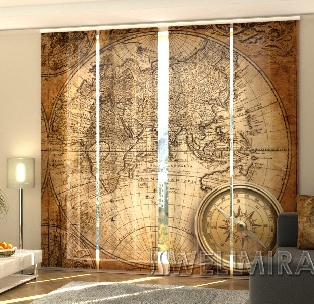 Set of 4 Panel Track Blinds - Old compass on the Map