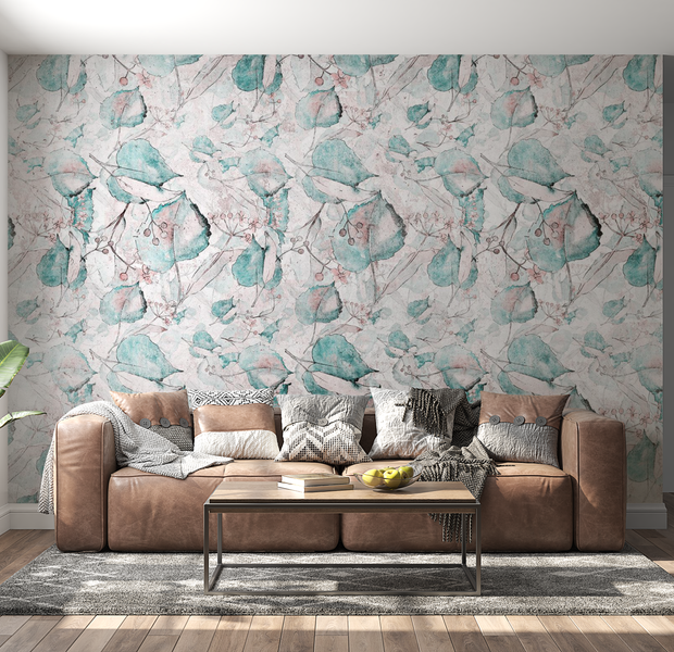 Peel & Stick Botanical Wall Mural - Blue Autumn Souvenirs - Removable Wallpaper 38"Wx27"H