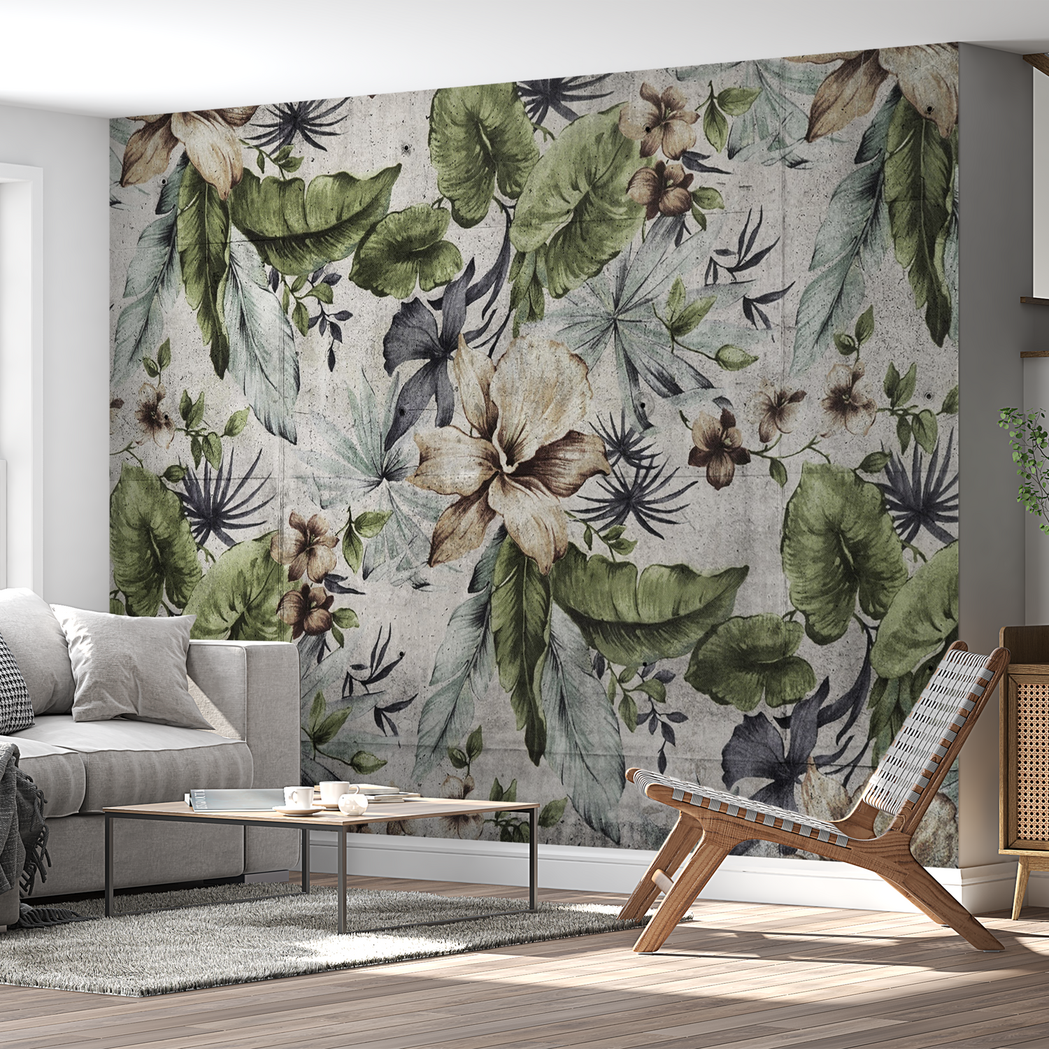 Peel & Stick Botanical Wall Mural - Floral Concrete Wall - Removable Wallpaper 38"Wx27"H
