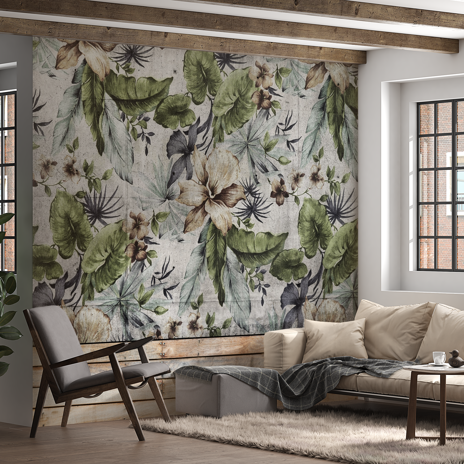 Peel & Stick Botanical Wall Mural - Floral Concrete Wall - Removable Wallpaper 38"Wx27"H