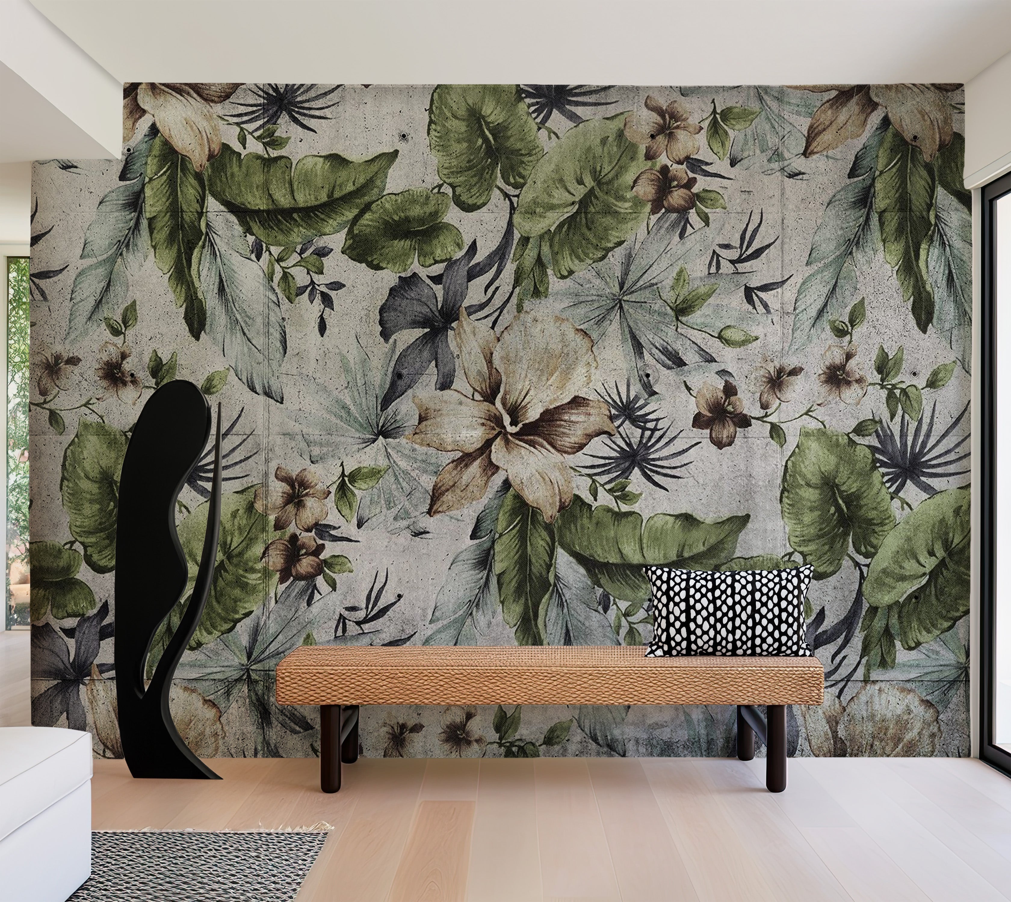 Peel & Stick Botanical Wall Mural - Floral Concrete Wall 38"Wx27"H