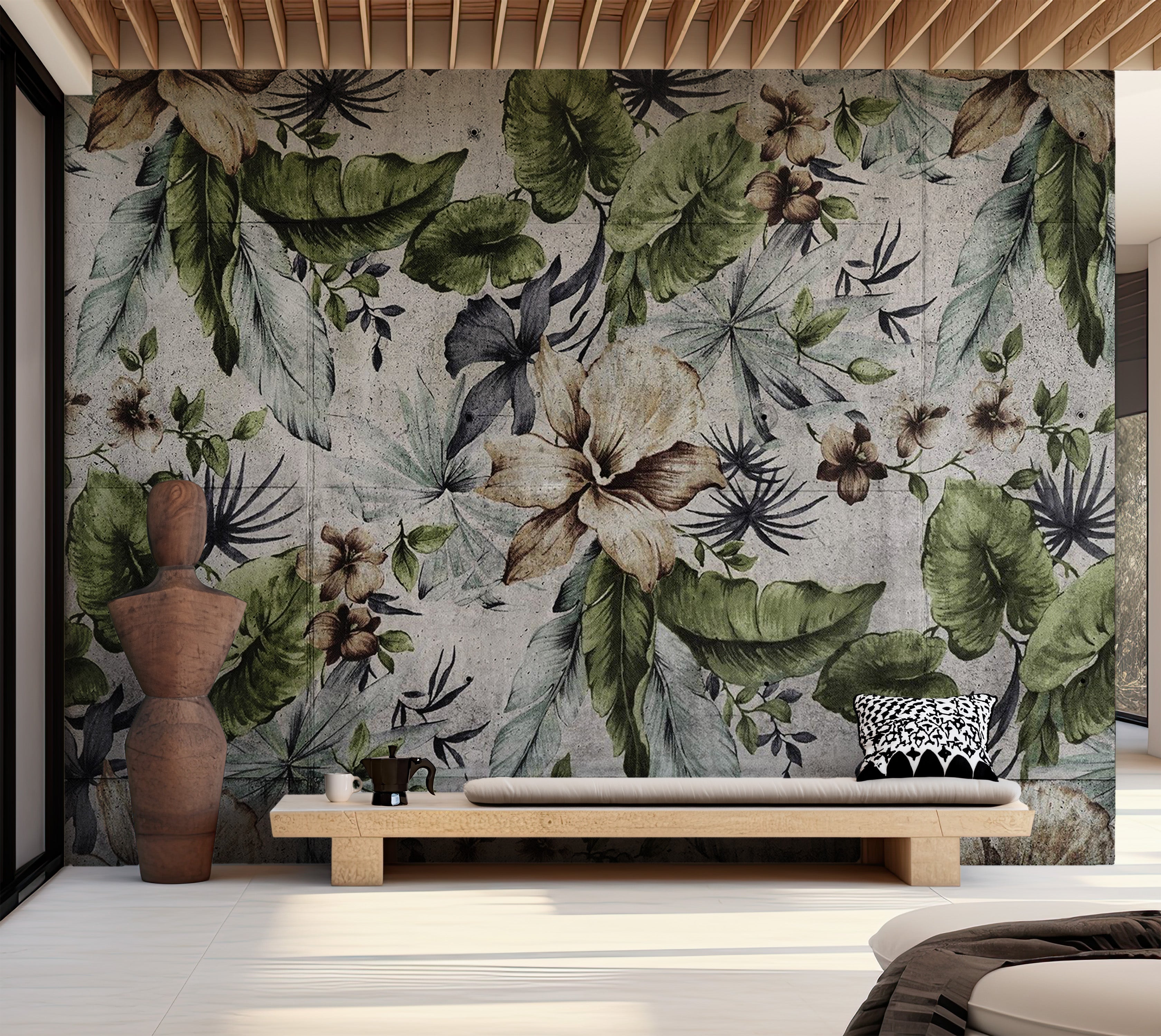 Peel & Stick Botanical Wall Mural - Floral Concrete Wall 38"Wx27"H