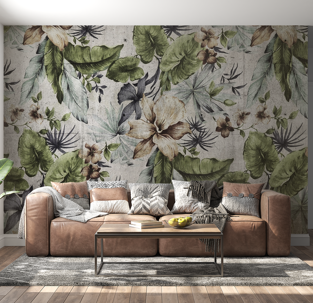 Peel & Stick Botanical Wall Mural - Floral Concrete Wall - Removable Wallpaper 38"Wx27"H