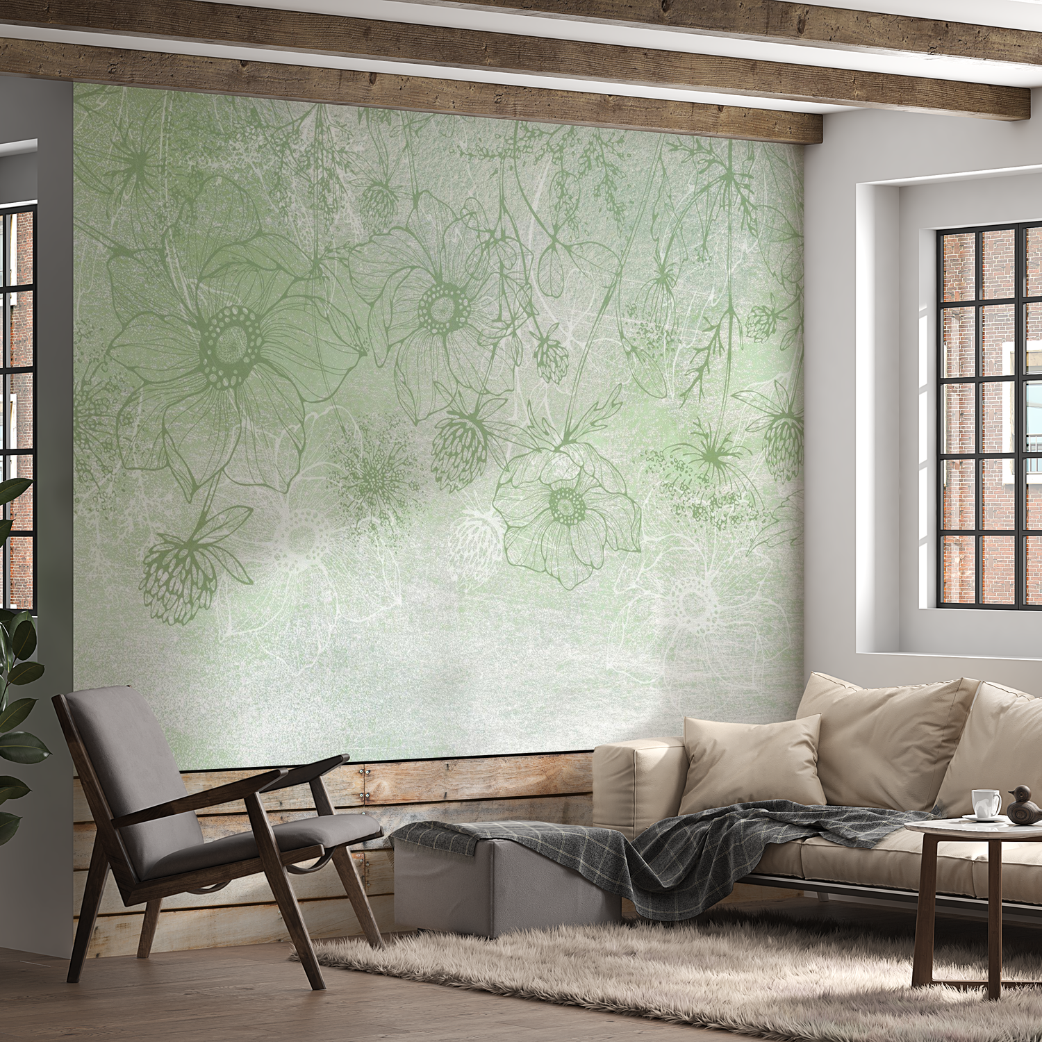 Peel & Stick Botanical Wall Mural - Floral Green Lineart - Removable Wallpaper 38"Wx27"H