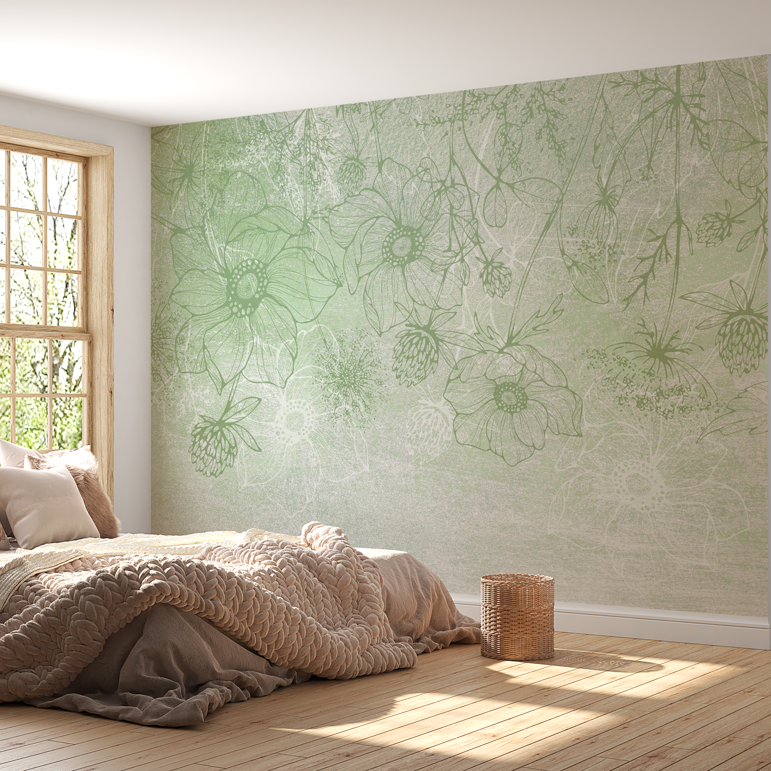 Peel & Stick Botanical Wall Mural - Floral Green Lineart - Removable Wallpaper 38"Wx27"H