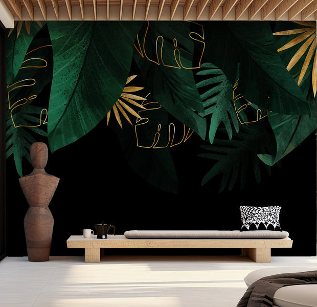 Peel & Stick Botanical Wall Mural - Green Jungle Golden Leaves 38"Wx27"H