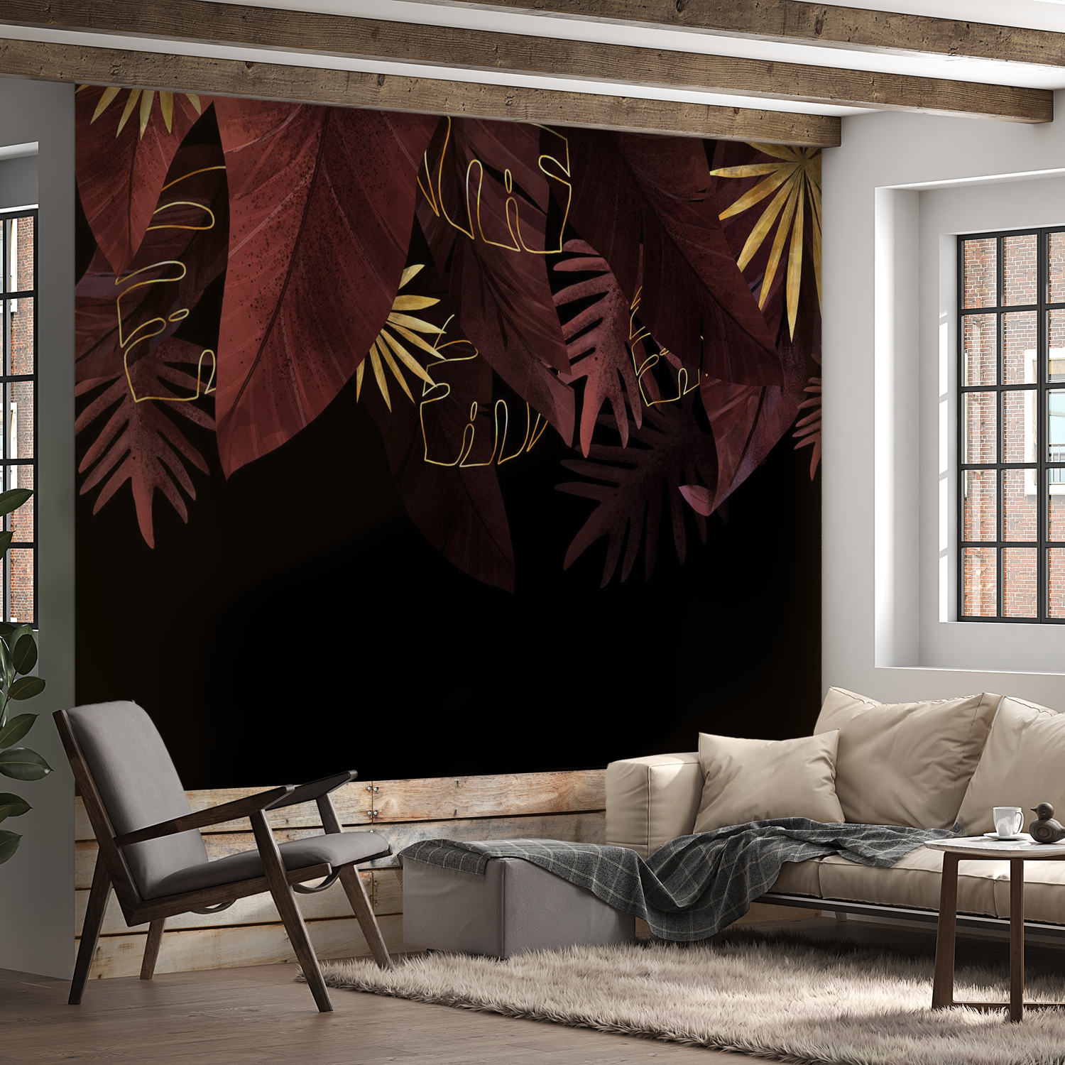 Peel & Stick Botanical Wall Mural - Red Jungle Golden Leaves - Removable Wallpaper 96"Wx68"H