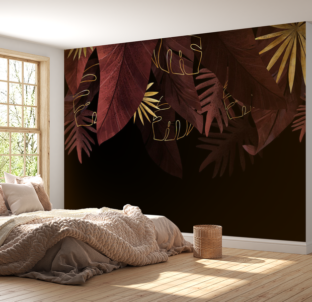 Peel & Stick Botanical Wall Mural - Red Jungle Golden Leaves - Removable Wallpaper 96"Wx68"H
