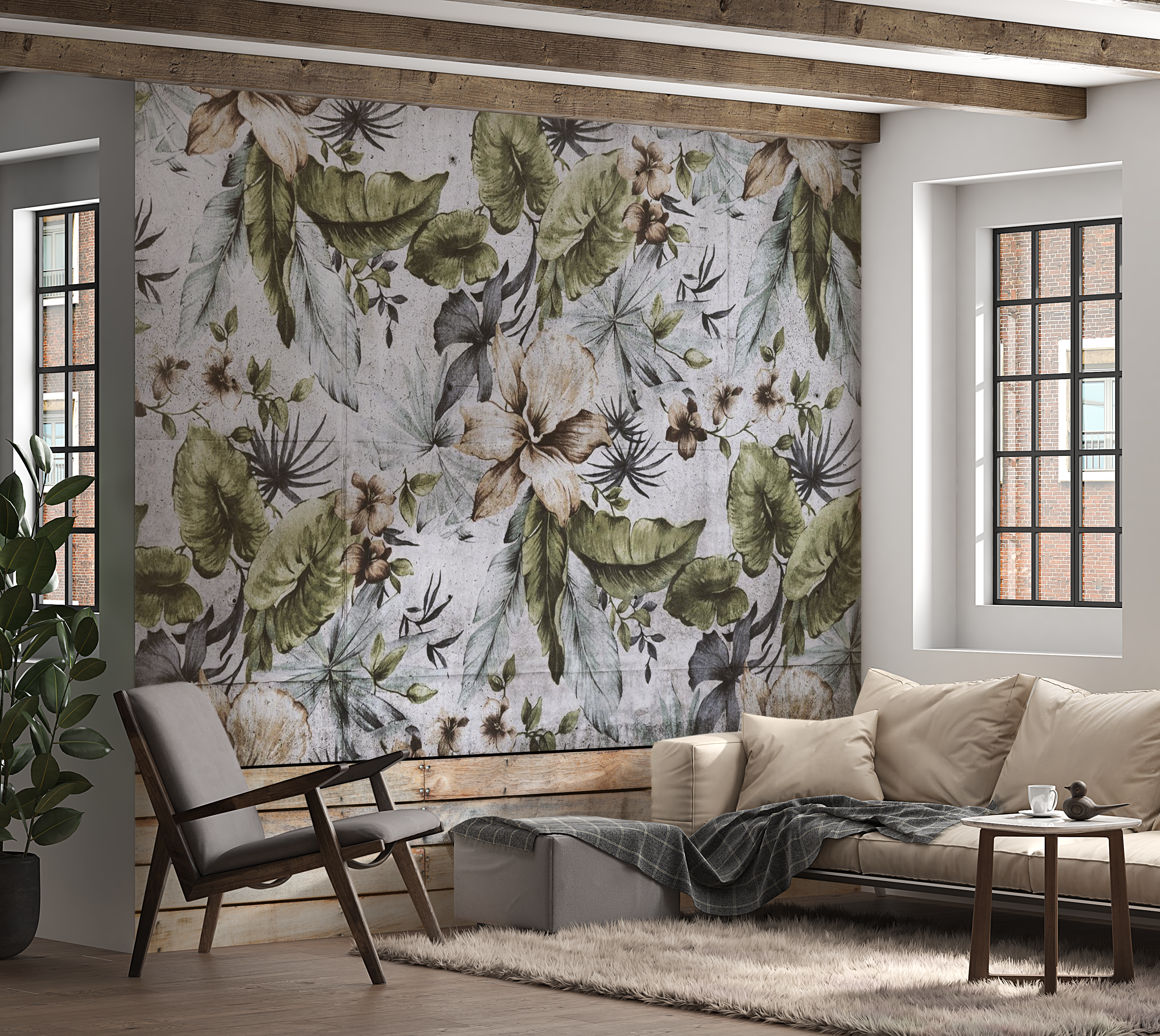 Peel & Stick Botanical Wall Mural - Retro Concrete Nature - Removable Wallpaper 38"Wx27"H