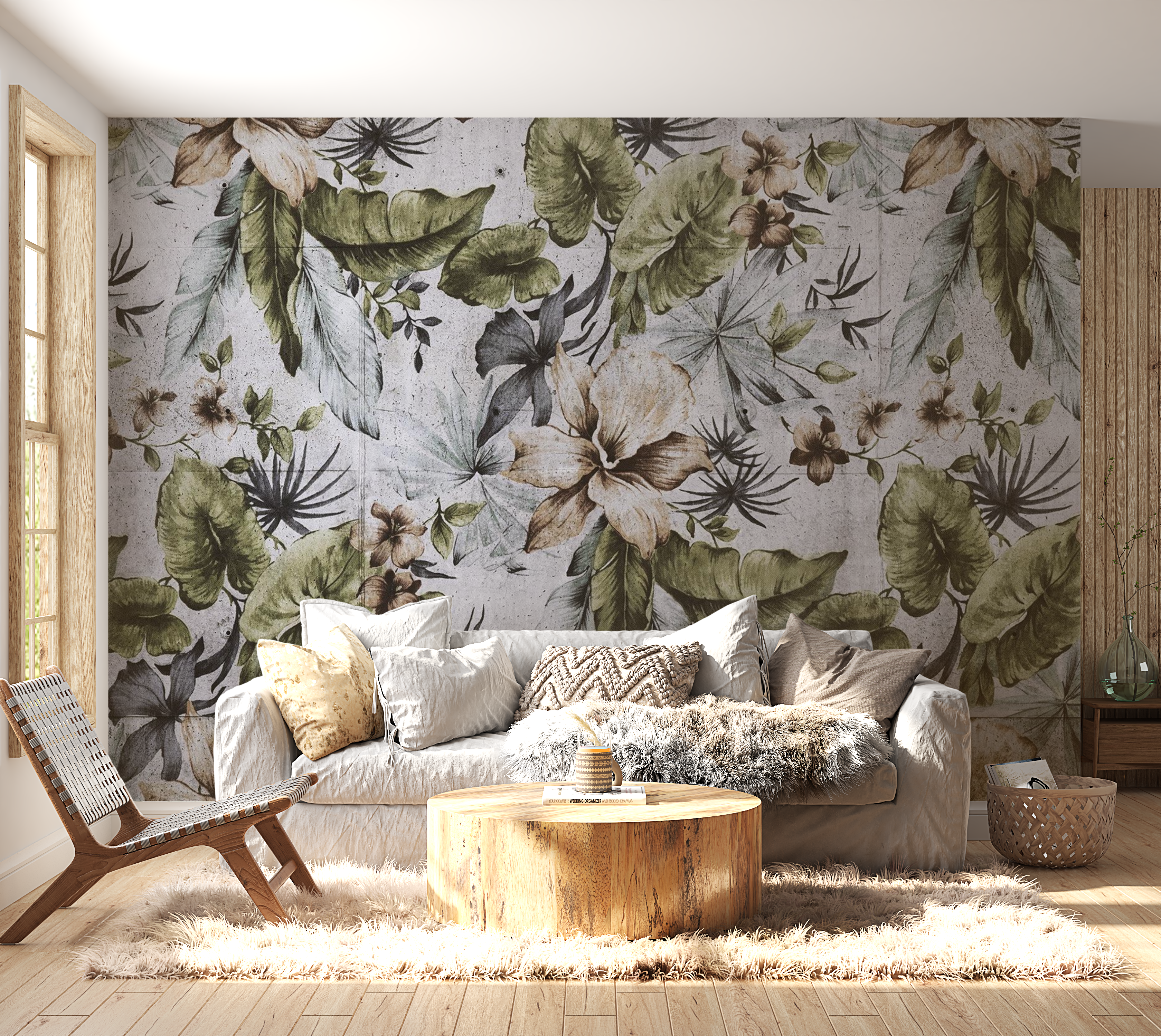 Peel & Stick Botanical Wall Mural - Retro Concrete Nature - Removable Wallpaper 38"Wx27"H