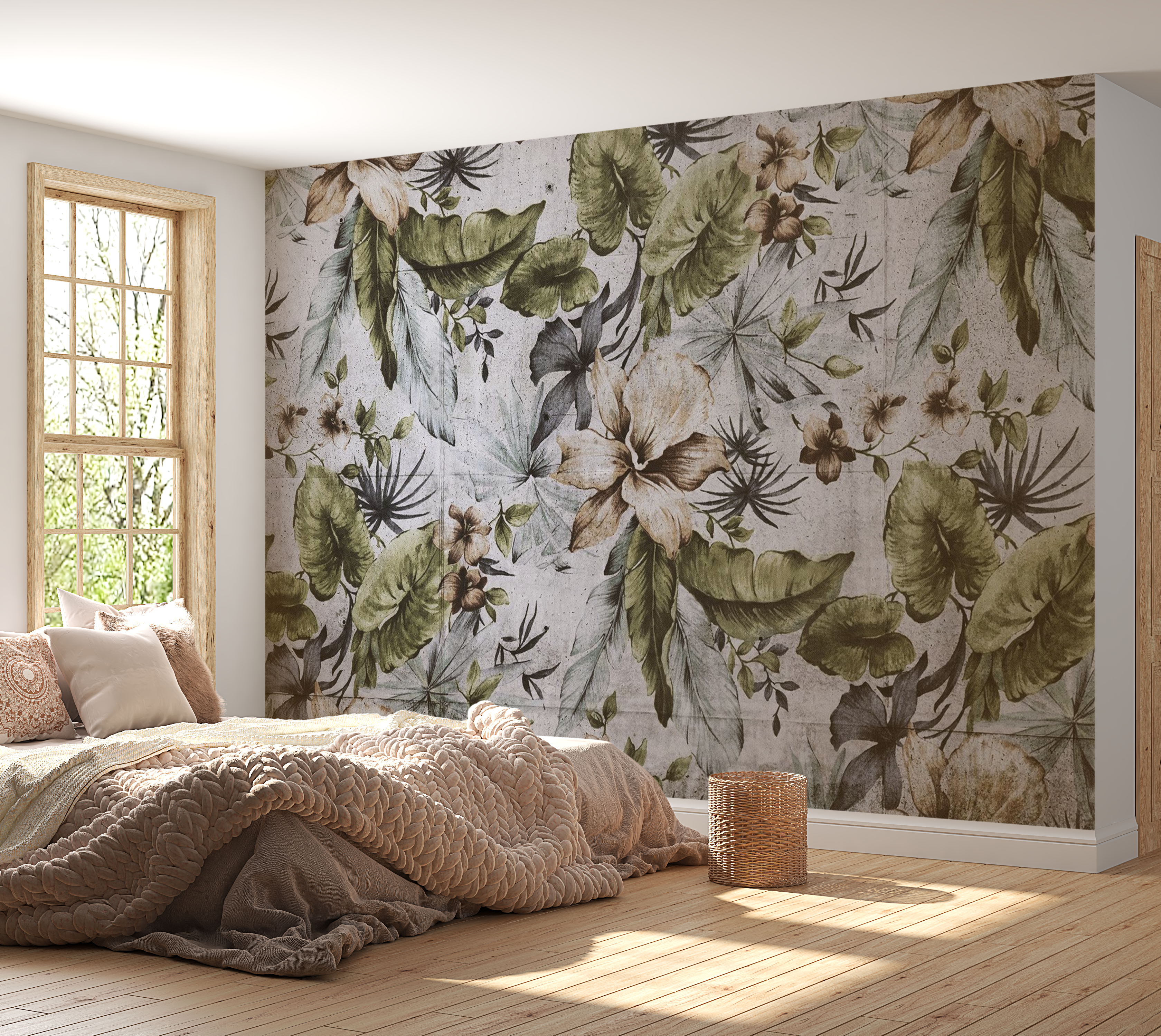 Peel & Stick Botanical Wall Mural - Retro Concrete Nature - Removable Wallpaper 38"Wx27"H