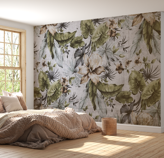 Peel & Stick Botanical Wall Mural - Retro Concrete Nature - Removable Wallpaper 38"Wx27"H