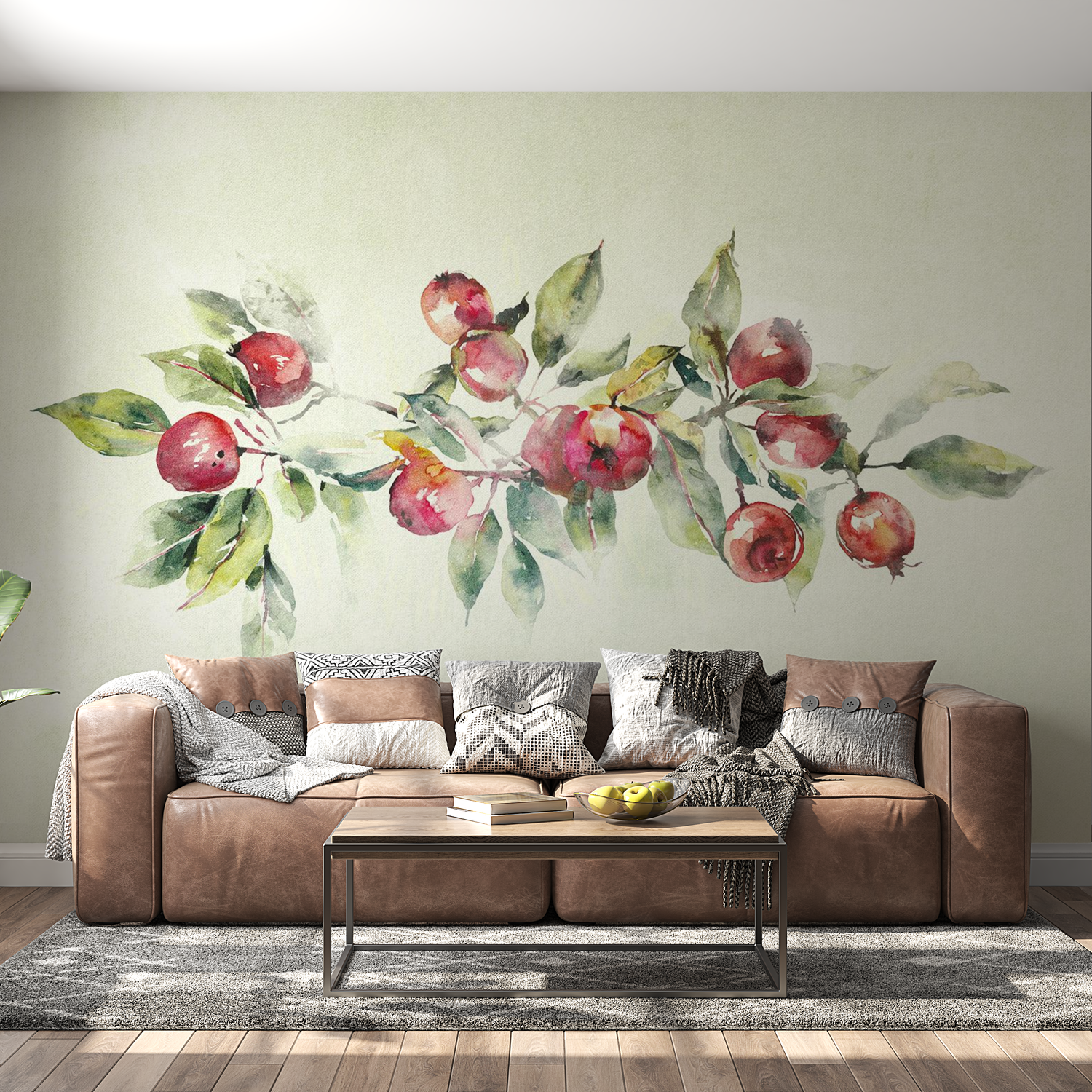 Peel & Stick Botanical Wall Mural - Watercolor Apple Branch - Removable Wallpaper 38"Wx27"H