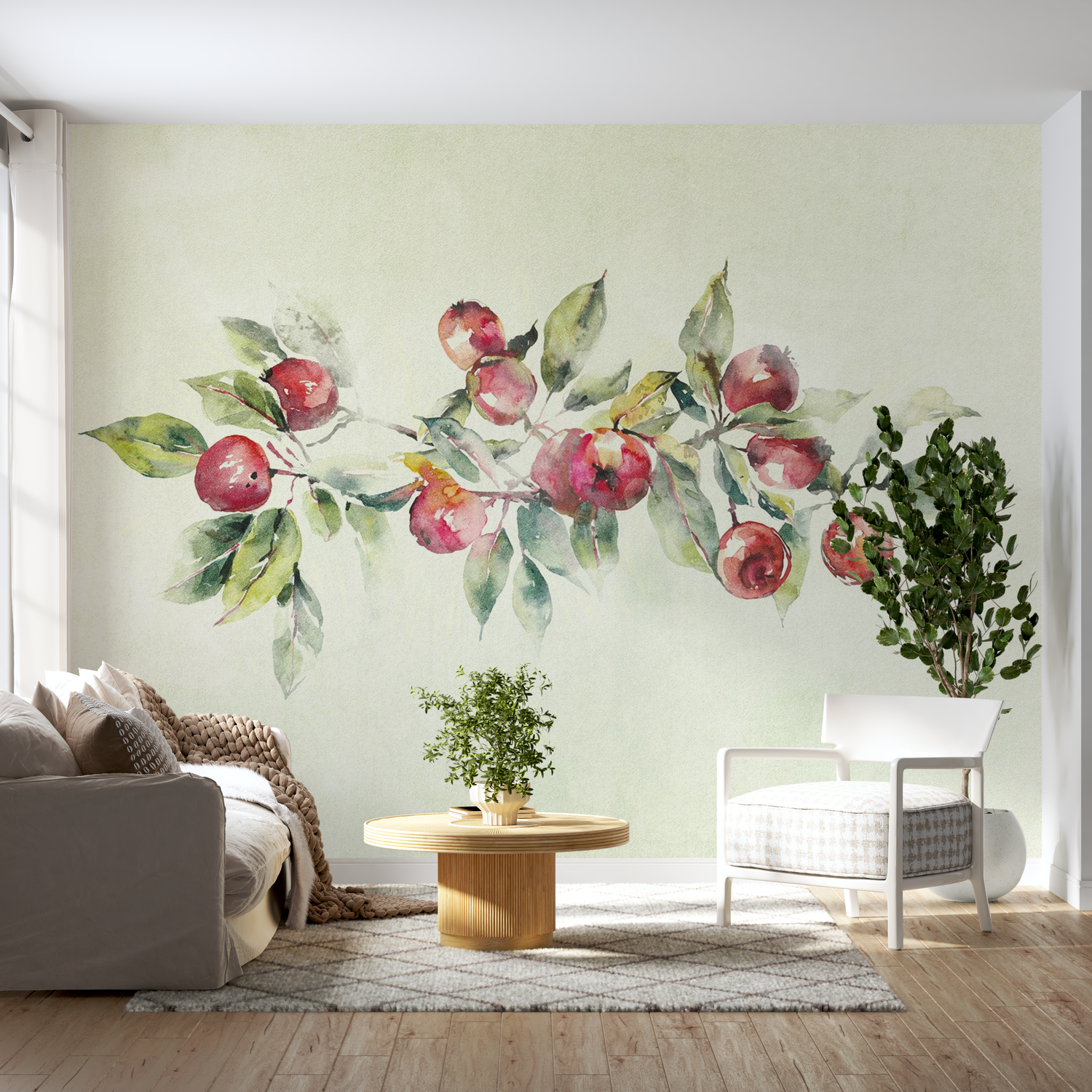 Peel & Stick Botanical Wall Mural - Watercolor Apple Branch - Removable Wallpaper 38"Wx27"H
