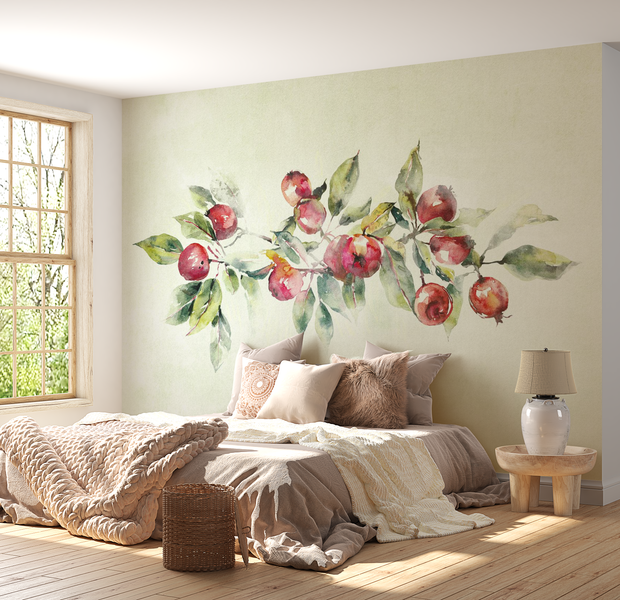 Peel & Stick Botanical Wall Mural - Watercolor Apple Branch - Removable Wallpaper 38"Wx27"H