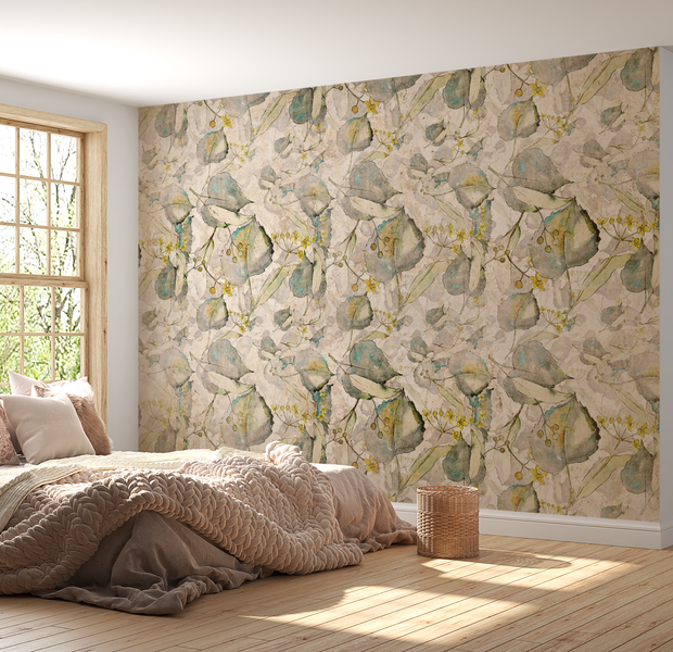 Peel & Stick Botanical Wall Mural - Yellow Autumn Souvenirs - Removable Wallpaper 173"Wx124"H
