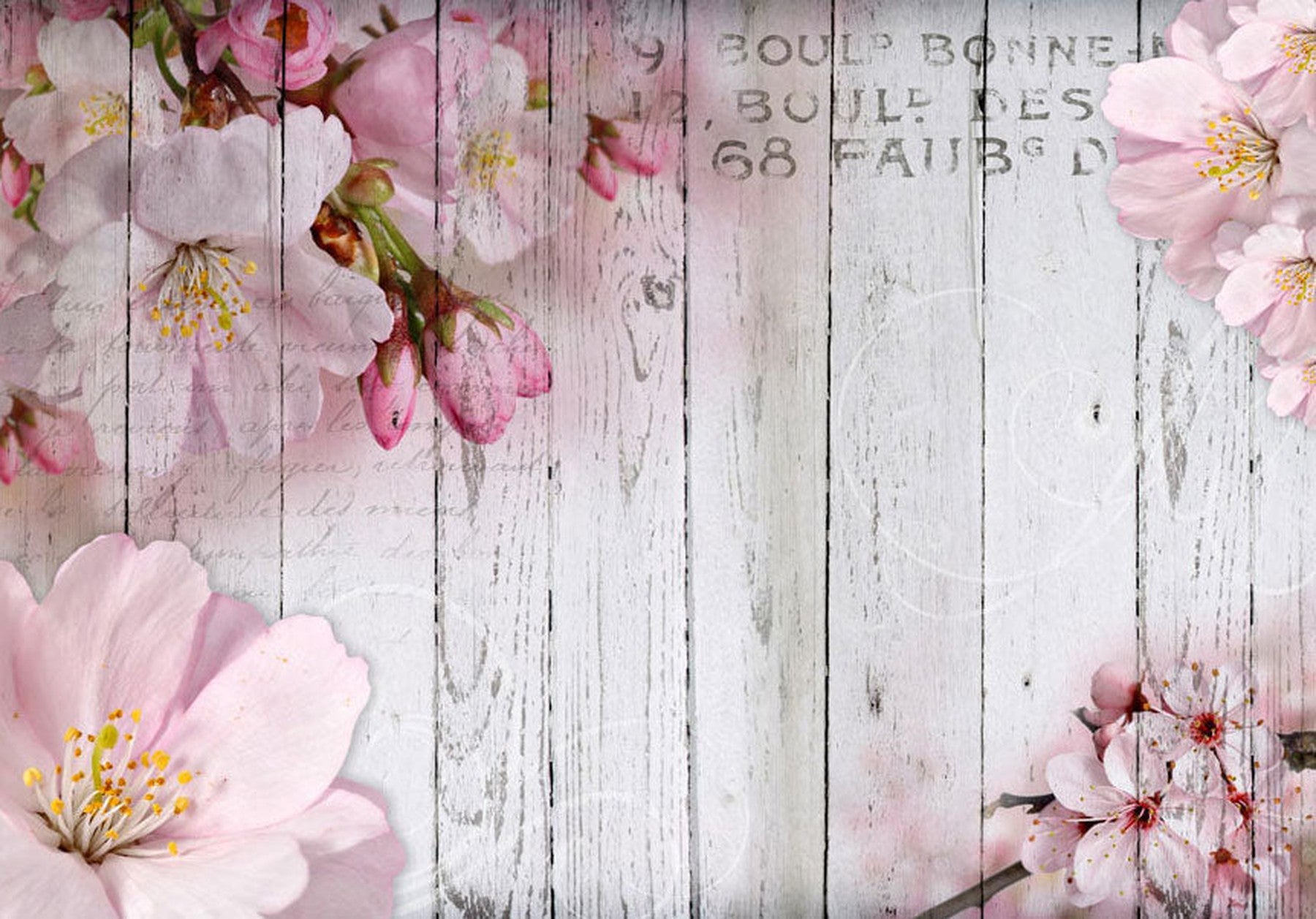 Peel & Stick Floral Wall Mural - Apple Blossoms on Vintage Wood