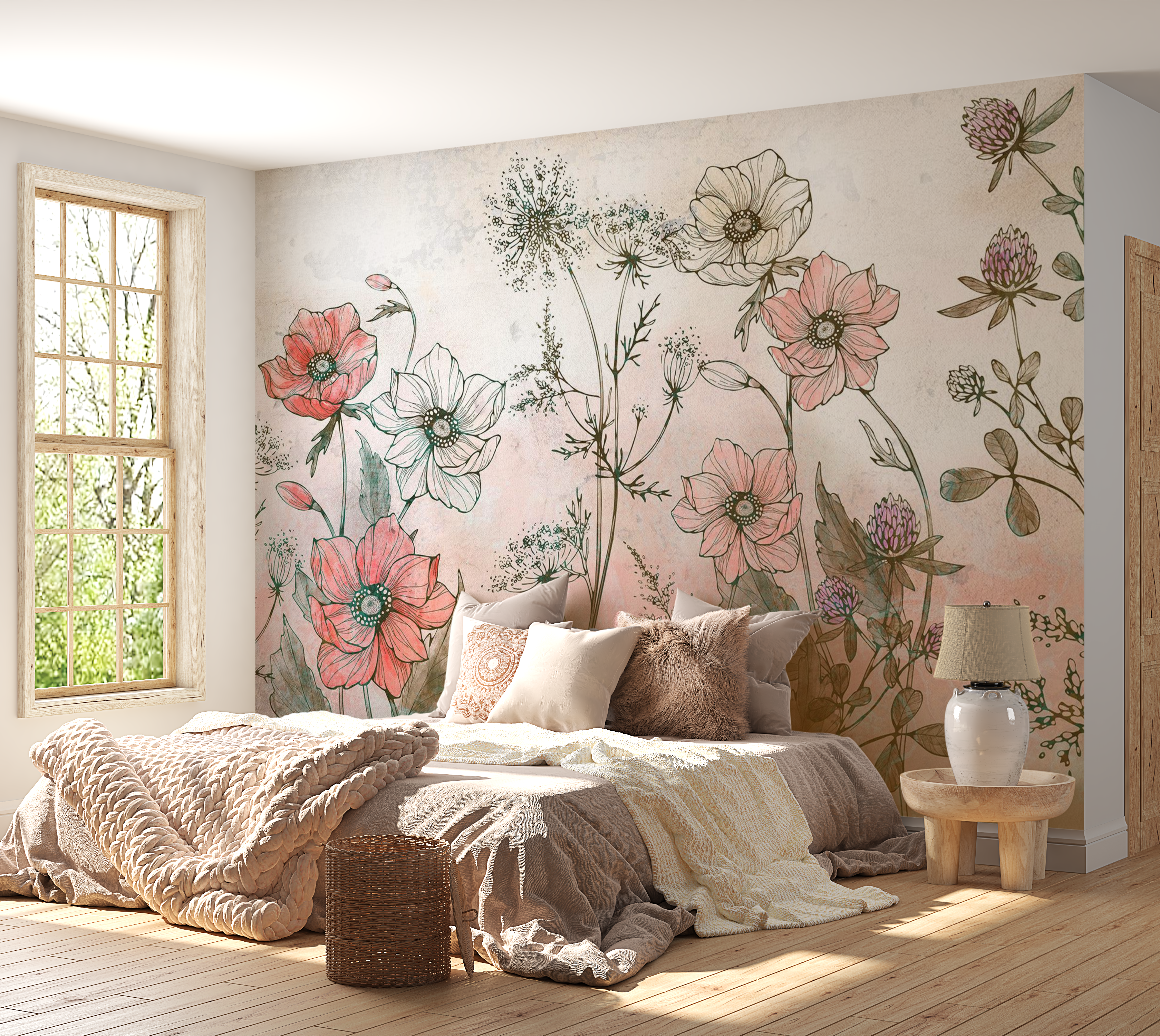 Peel & Stick Floral Wall Mural - Day in the Meadow Red - Removable Wallpaper 38"Wx27"H