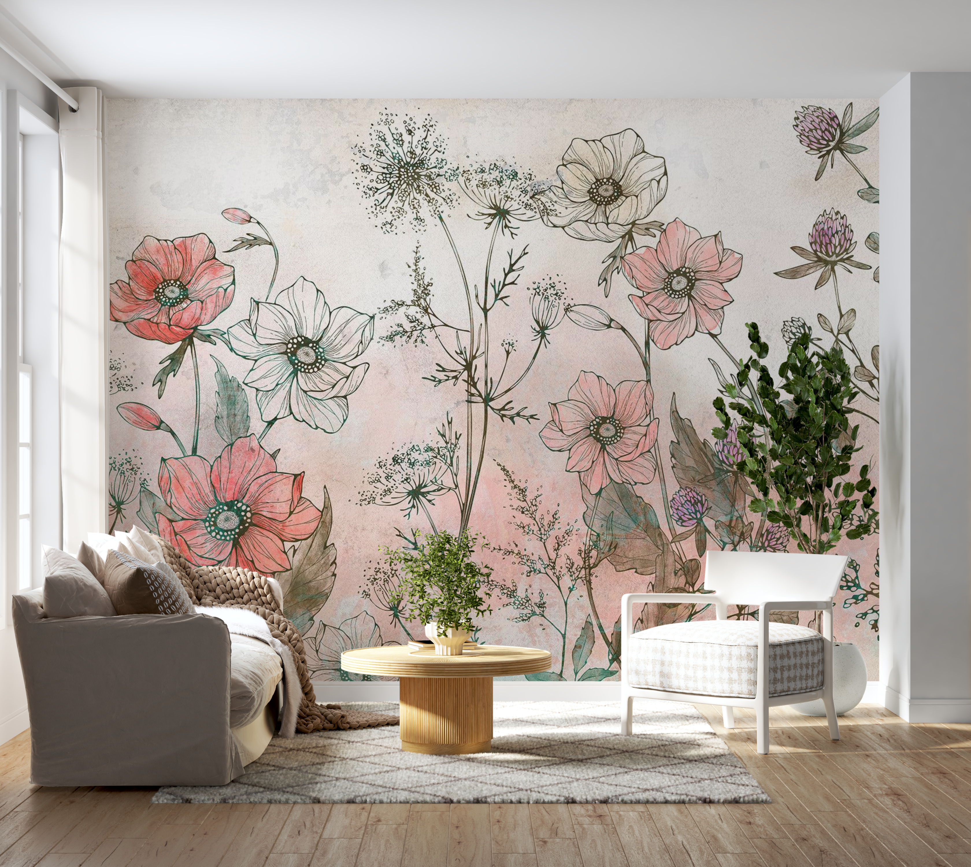 Peel & Stick Floral Wall Mural - Day in the Meadow Red - Removable Wallpaper 38"Wx27"H