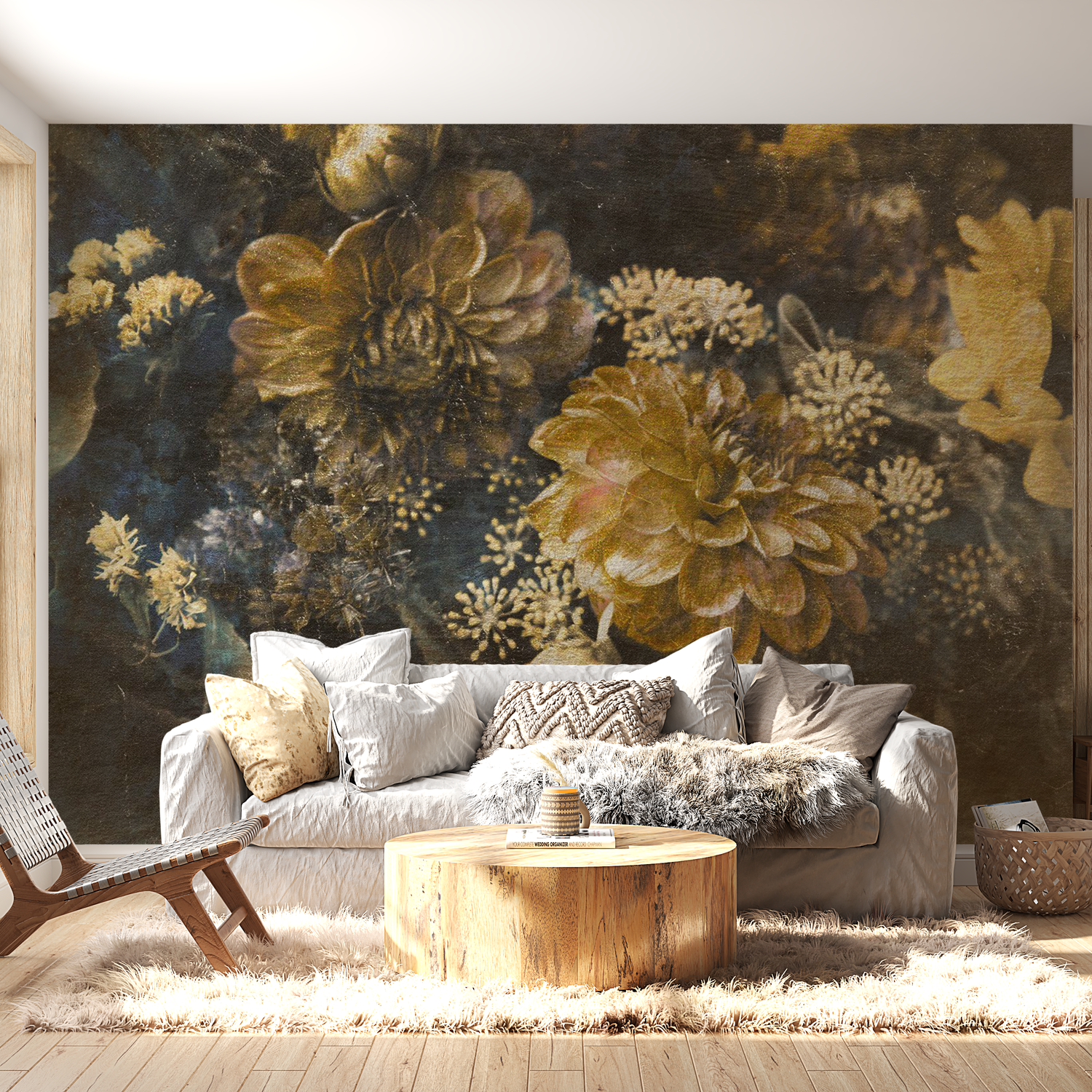 Peel & Stick Floral Wall Mural - Retro Flowers Yellow - Removable Wallpaper 38"Wx27"H