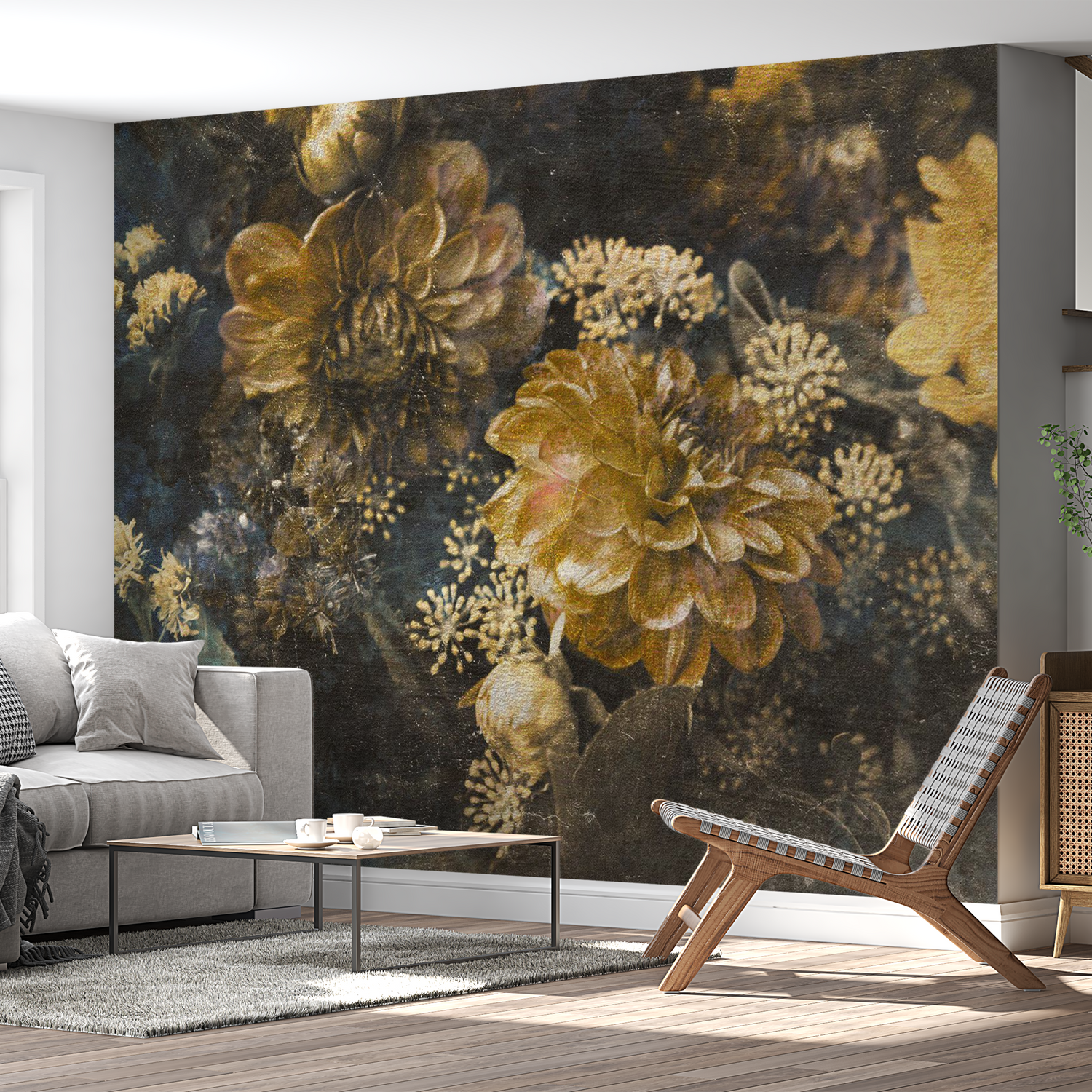Peel & Stick Floral Wall Mural - Retro Flowers Yellow - Removable Wallpaper 38"Wx27"H