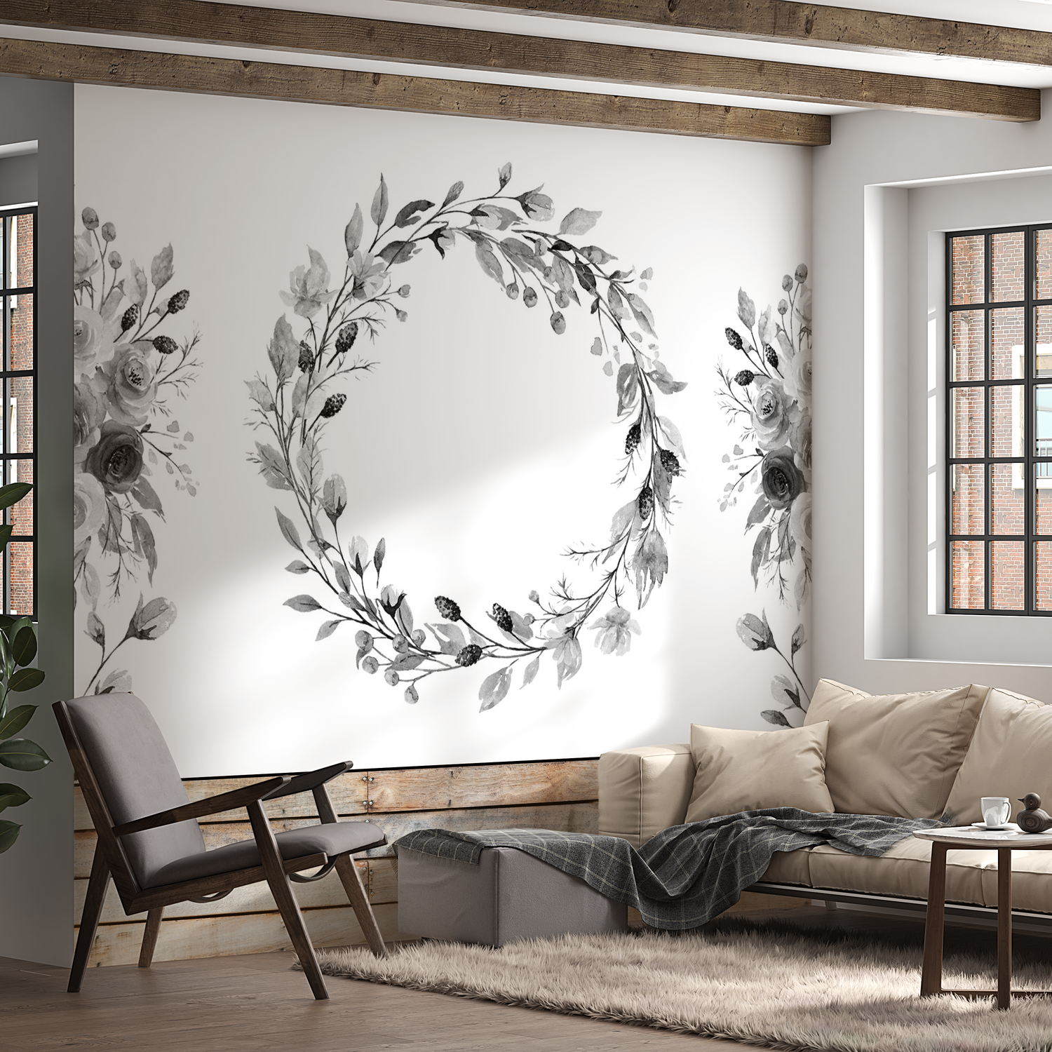 Peel & Stick Floral Wall Mural - Romantic Wreath Grey - Removable Wallpaper 38"Wx27"H