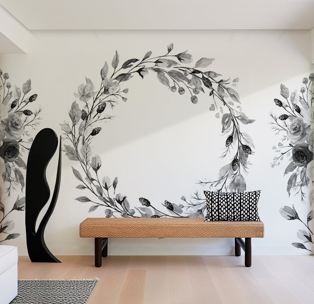 Peel & Stick Floral Wall Mural - Romantic Wreath Grey 38"Wx27"H