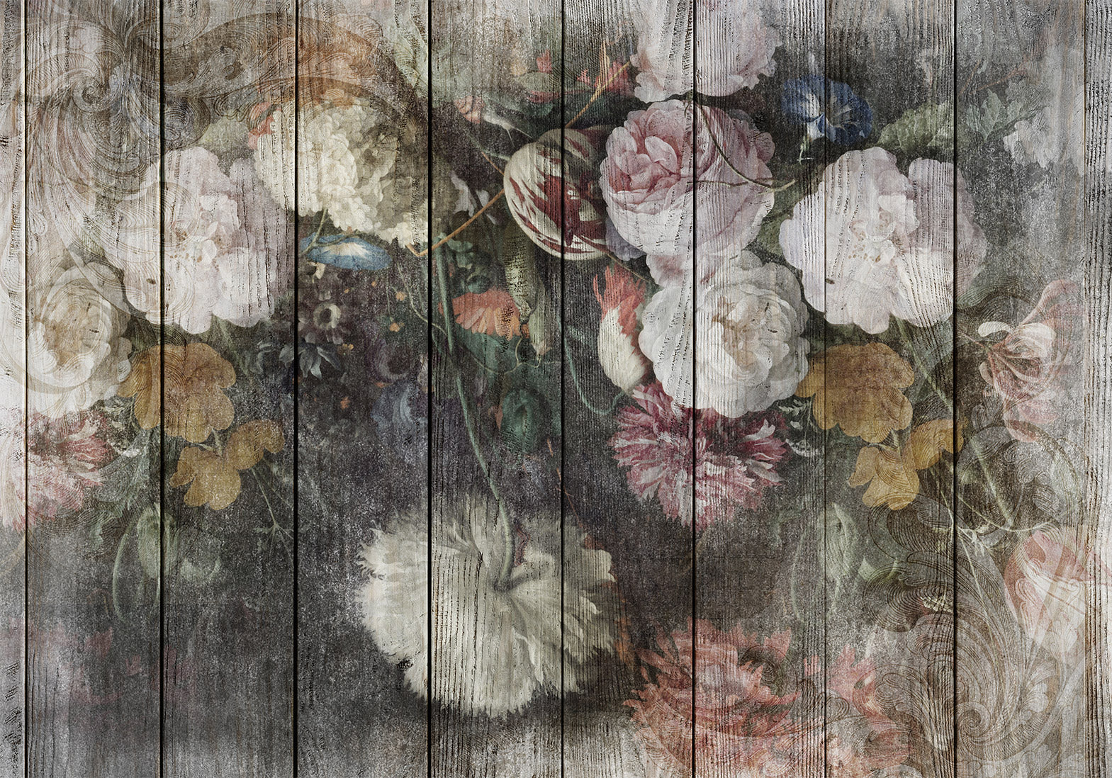 Peel & Stick Floral Wall Mural - Vintage Flowers on Wood