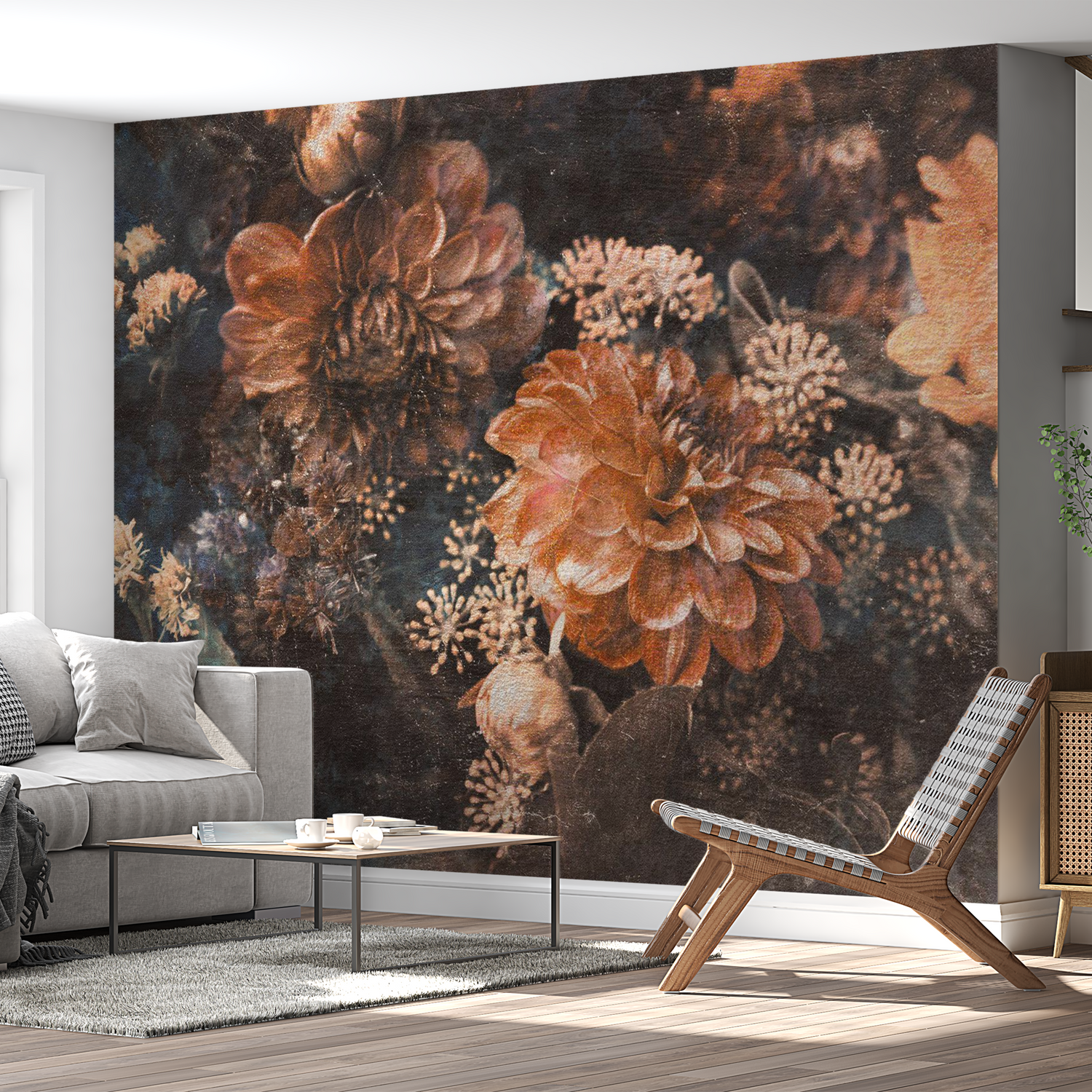 Peel & Stick Floral Wall Mural - Warm Retro Flowers - Removable Wallpaper 38"Wx27"H