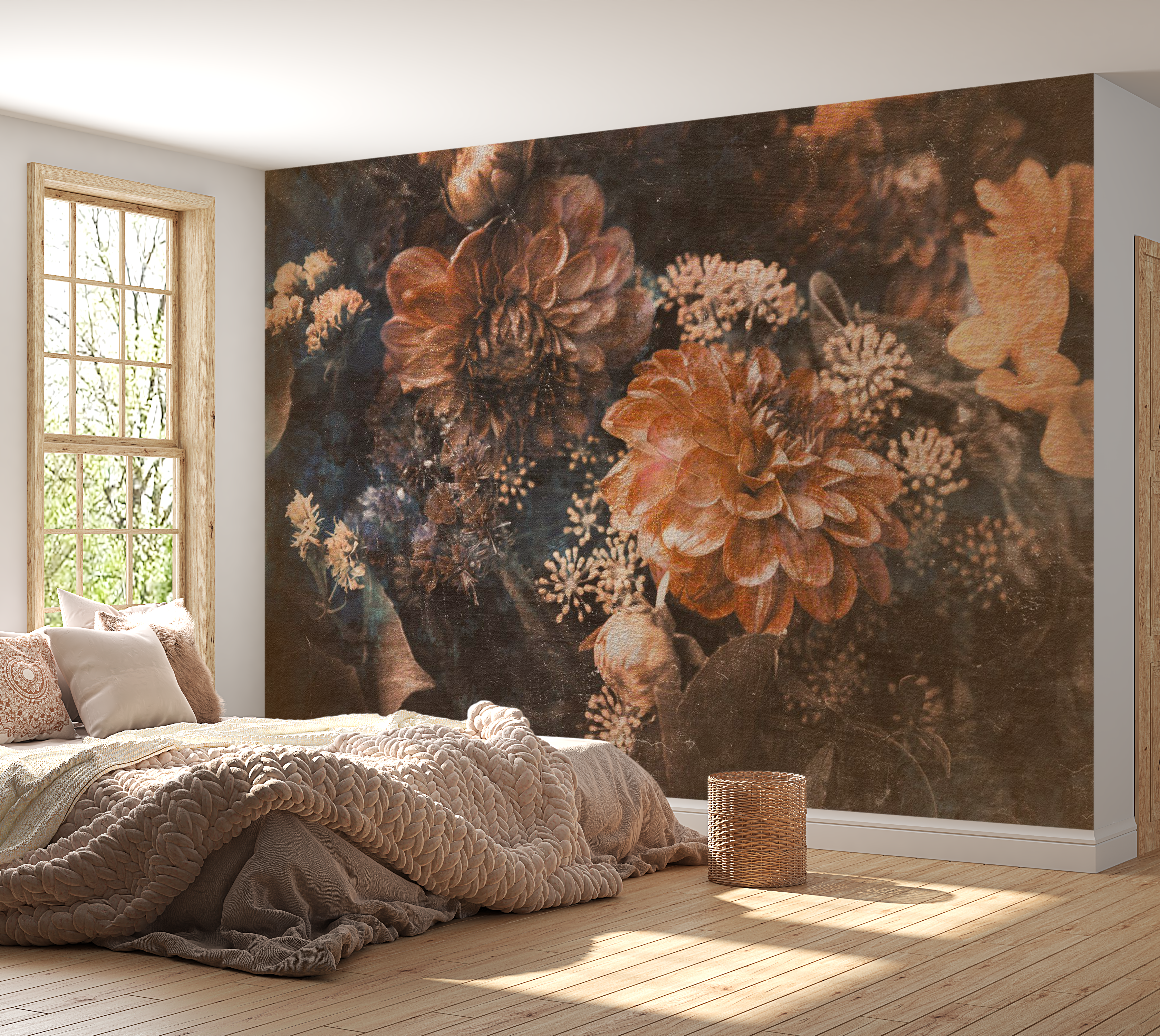 Peel & Stick Floral Wall Mural - Warm Retro Flowers - Removable Wallpaper 38"Wx27"H