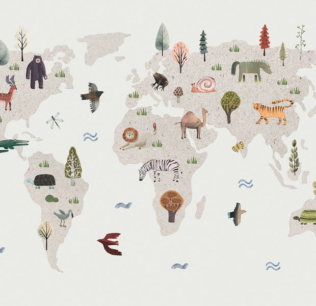 Peel & Stick Kids Wall Mural - Beige World Map With Animals
