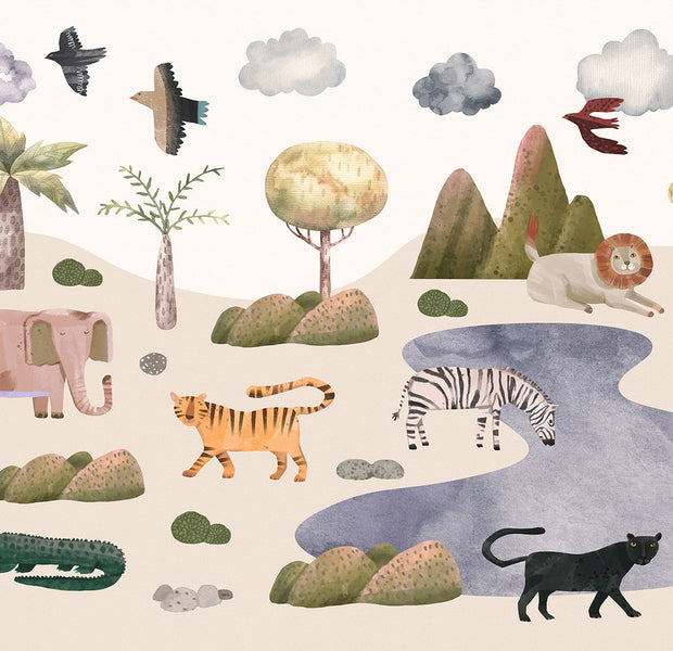 Peel & Stick Kids Wall Mural - Savannah Animals in Pastel Colors