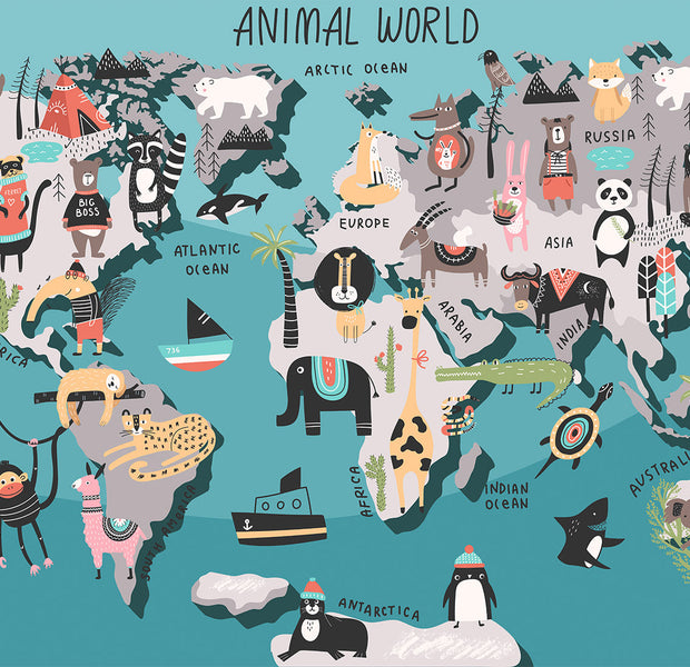 Peel & Stick Kids Wall Mural - World Map With Animals