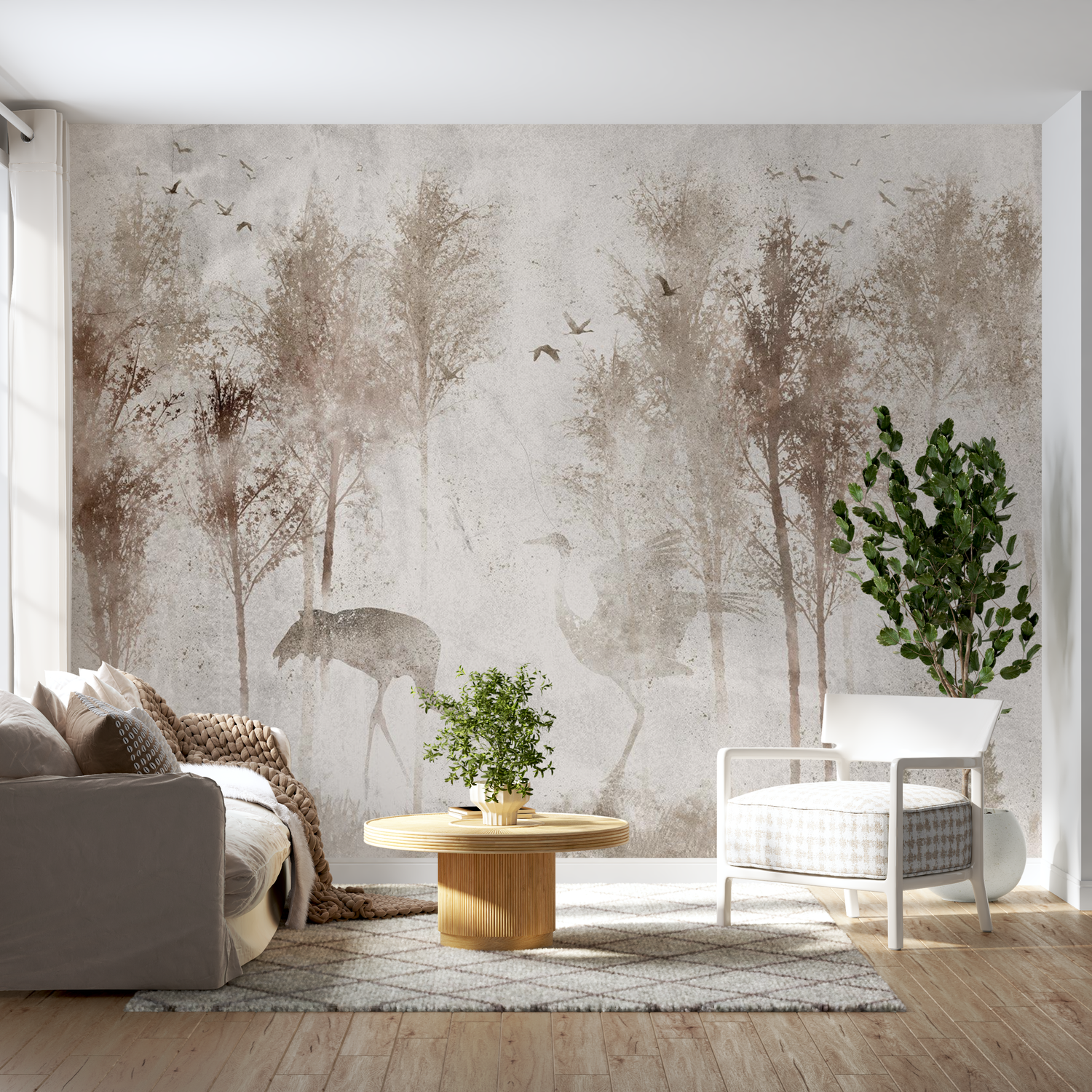 Peel & Stick Landscape Wall Mural - Birds In Foggy Forest - Removable Wallpaper 38"Wx27"H