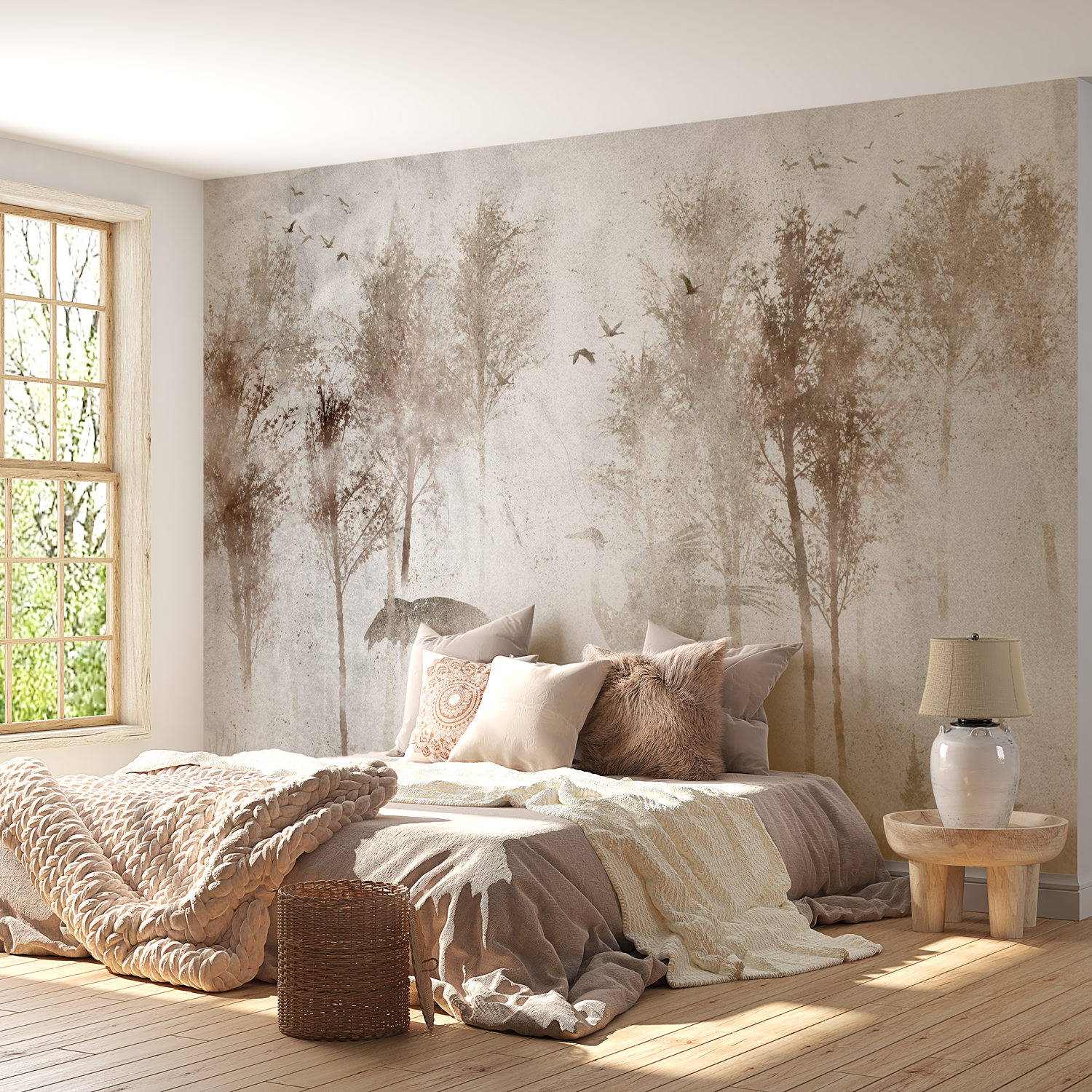Peel & Stick Landscape Wall Mural - Birds In Foggy Forest - Removable Wallpaper 38"Wx27"H