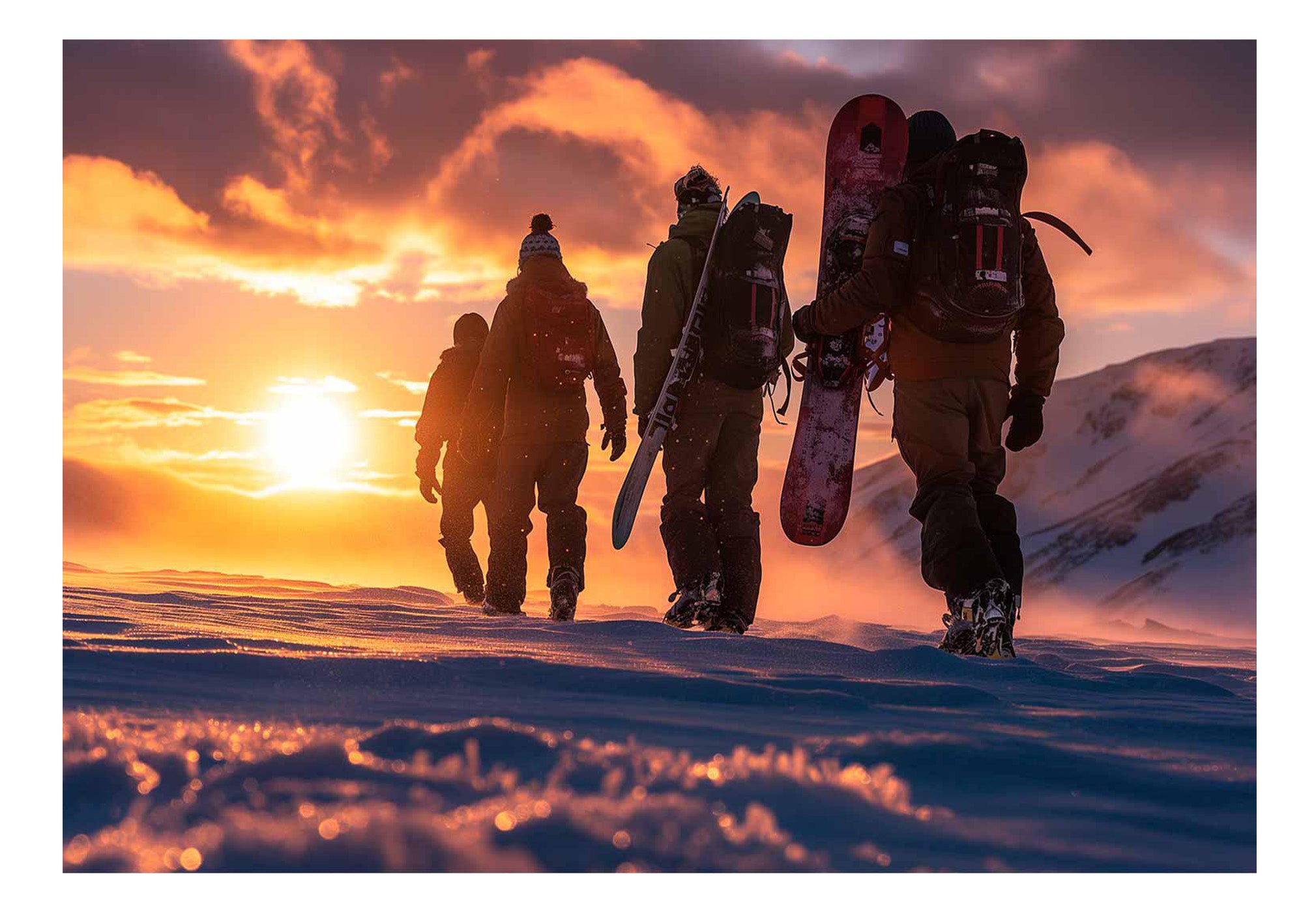 Peel & Stick Landscape Wall Mural - Snowboarders At Sunrise