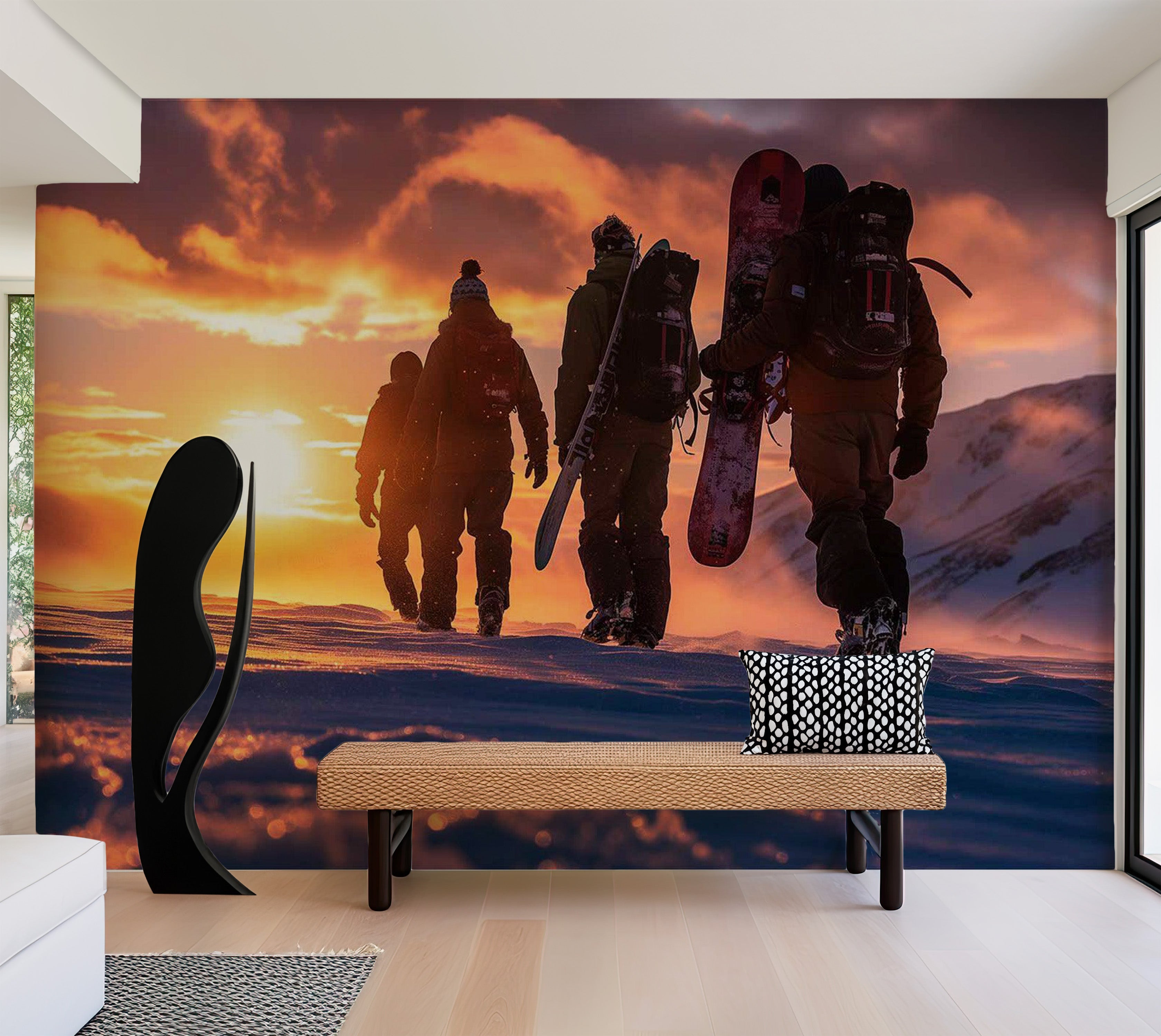 Peel & Stick Landscape Wall Mural - Snowboarders At Sunrise