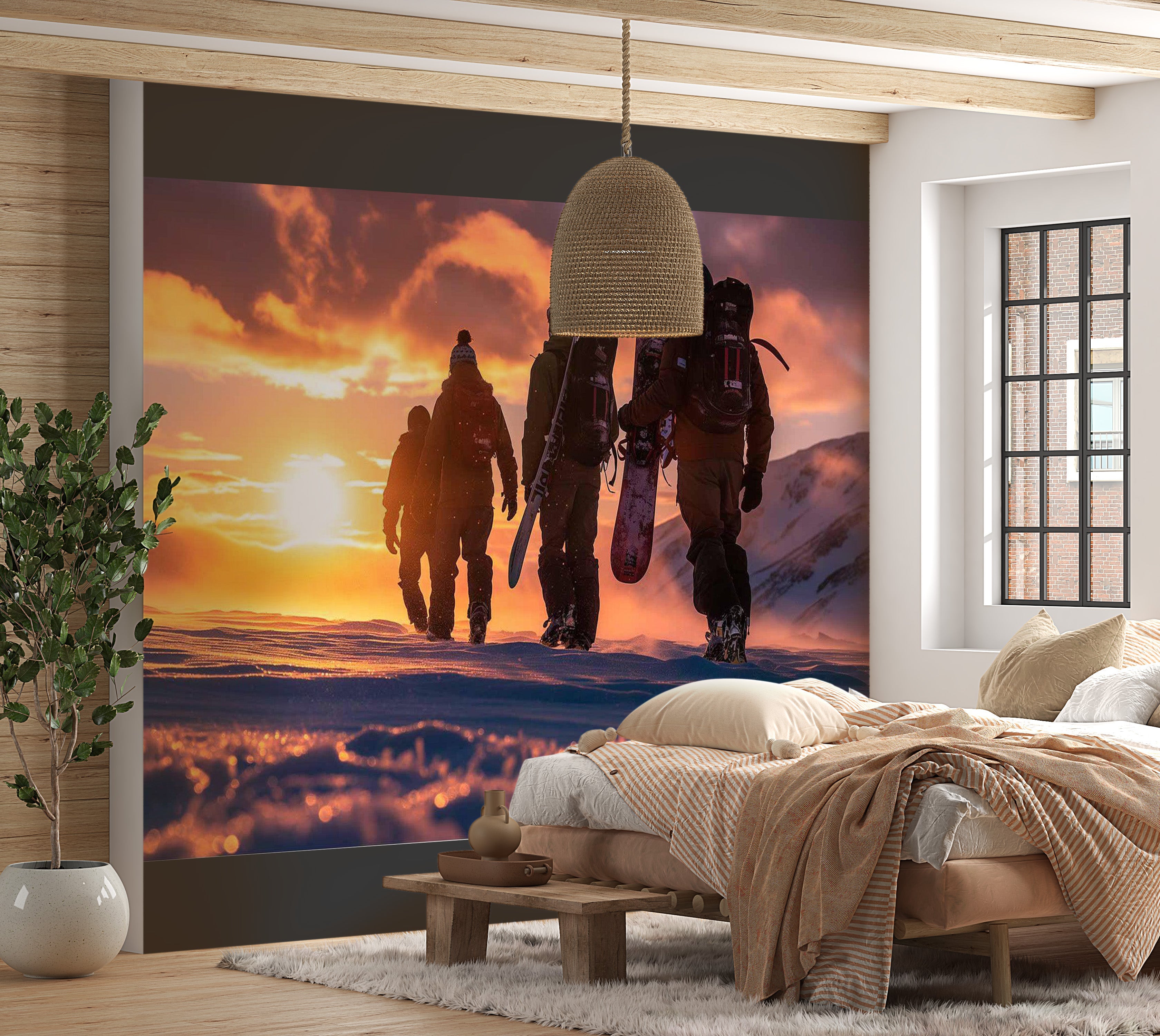 Peel & Stick Landscape Wall Mural - Snowboarders At Sunrise