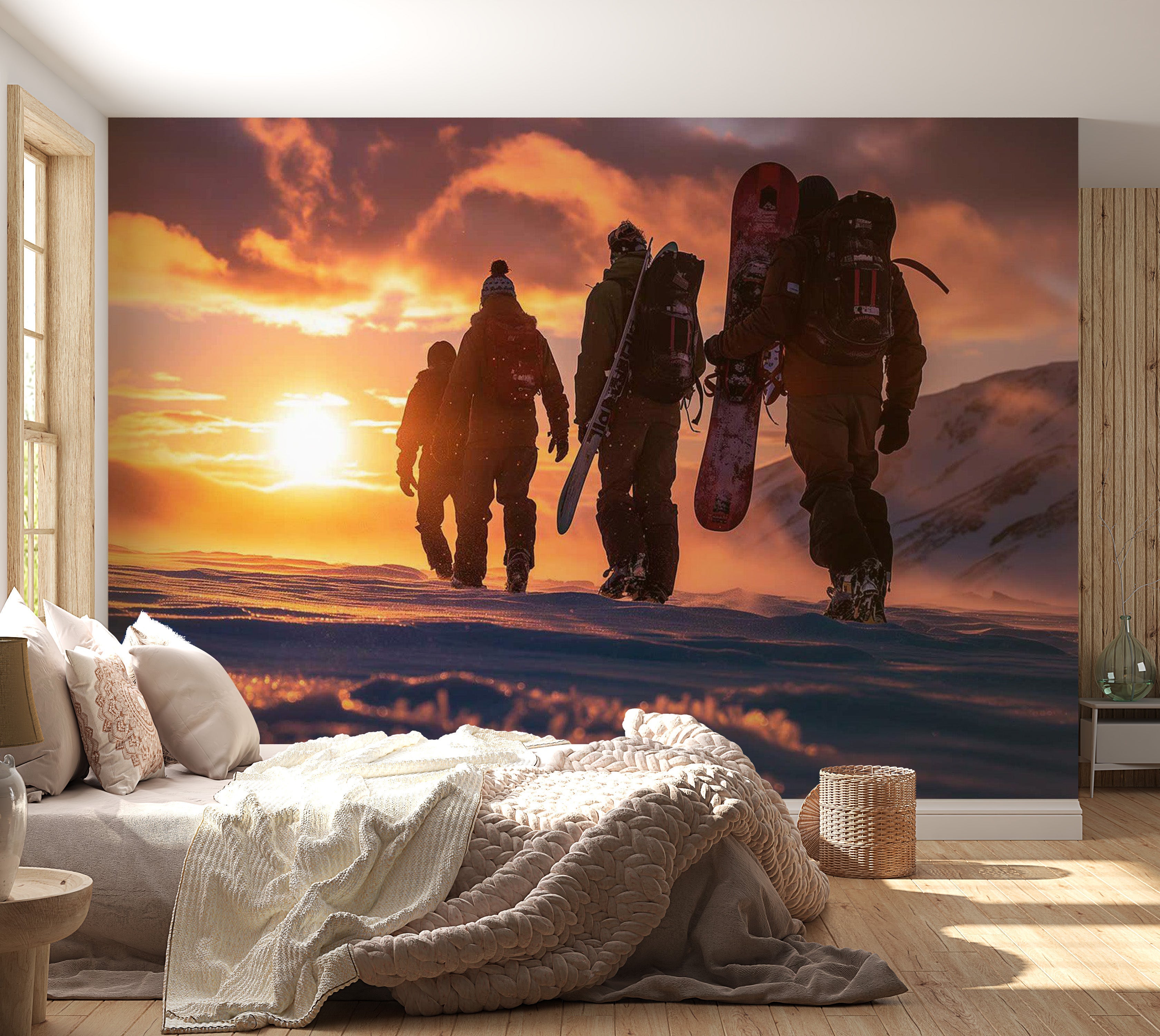 Peel & Stick Landscape Wall Mural - Snowboarders At Sunrise