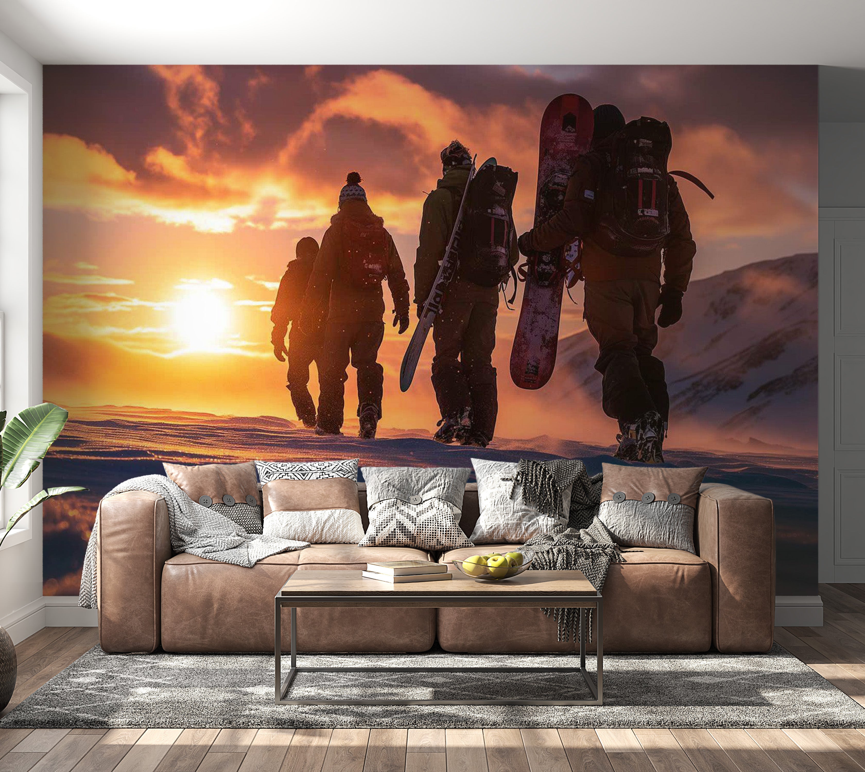 Peel & Stick Landscape Wall Mural - Snowboarders At Sunrise