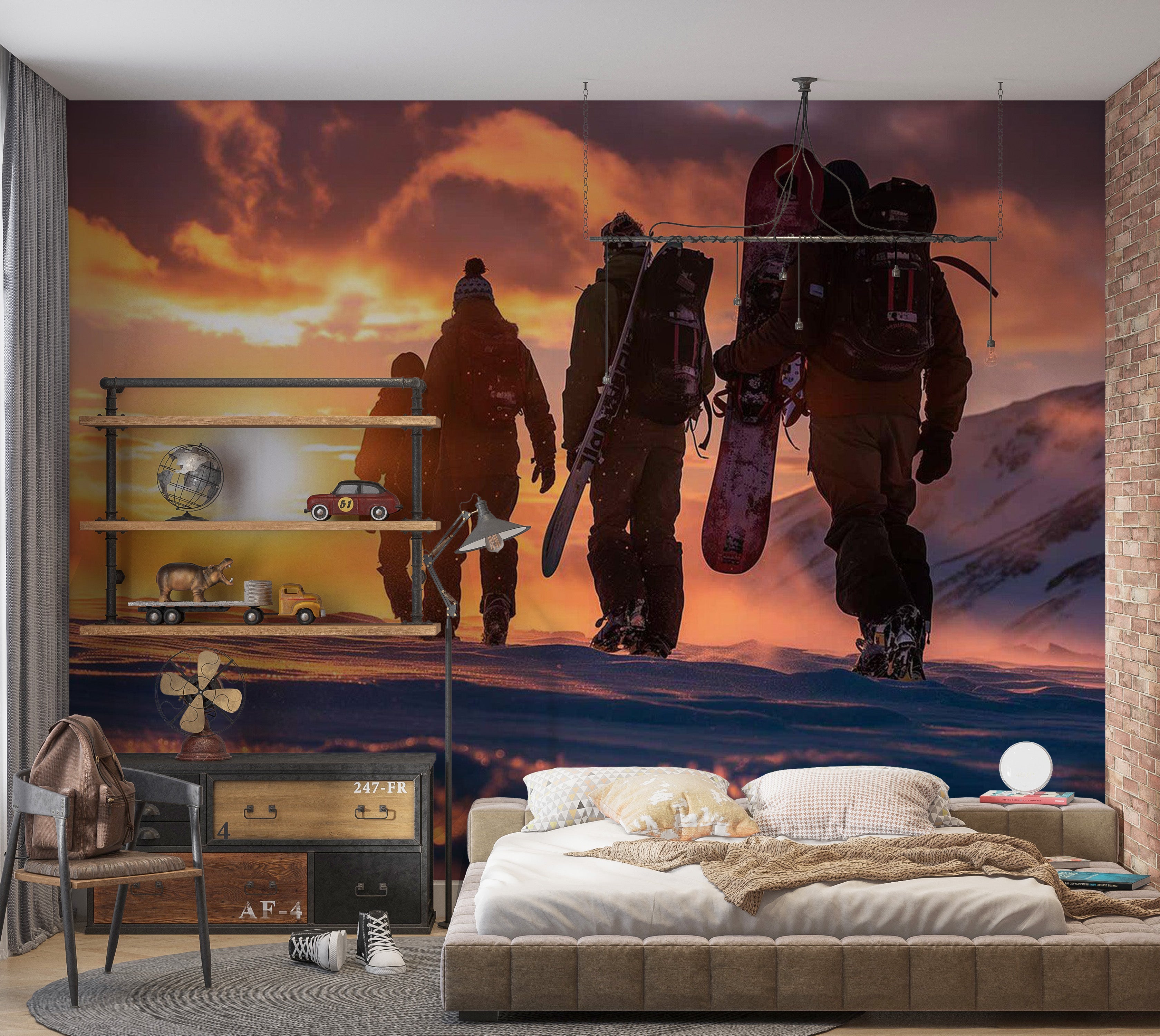 Peel & Stick Landscape Wall Mural - Snowboarders At Sunrise