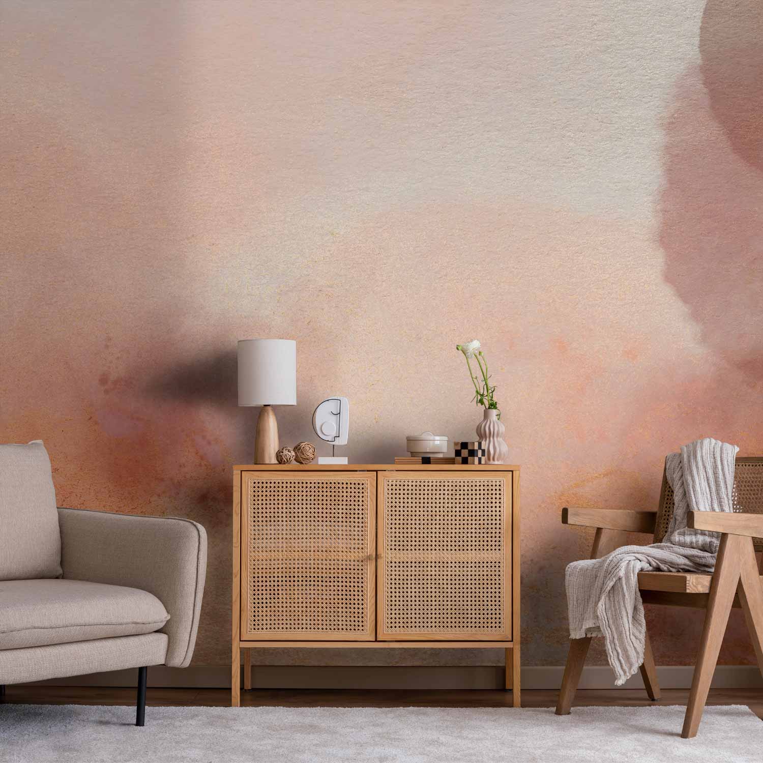 Premium Abstract Wall Mural - In Pink Clouds – Soft Textures In Peach-Pink Hues