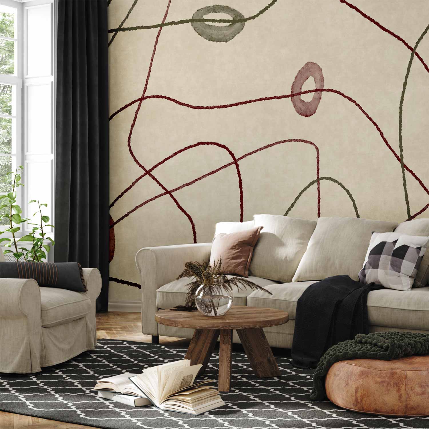 Premium Abstract Wall Mural - Lines And Shapes – Bead Labyrinth On A Pale Washed Background