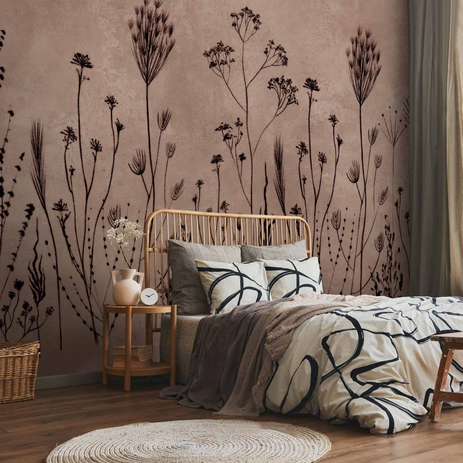 Premium Abstract Wall Mural - Wildflowers – Black Plants On Lime-Wash Background