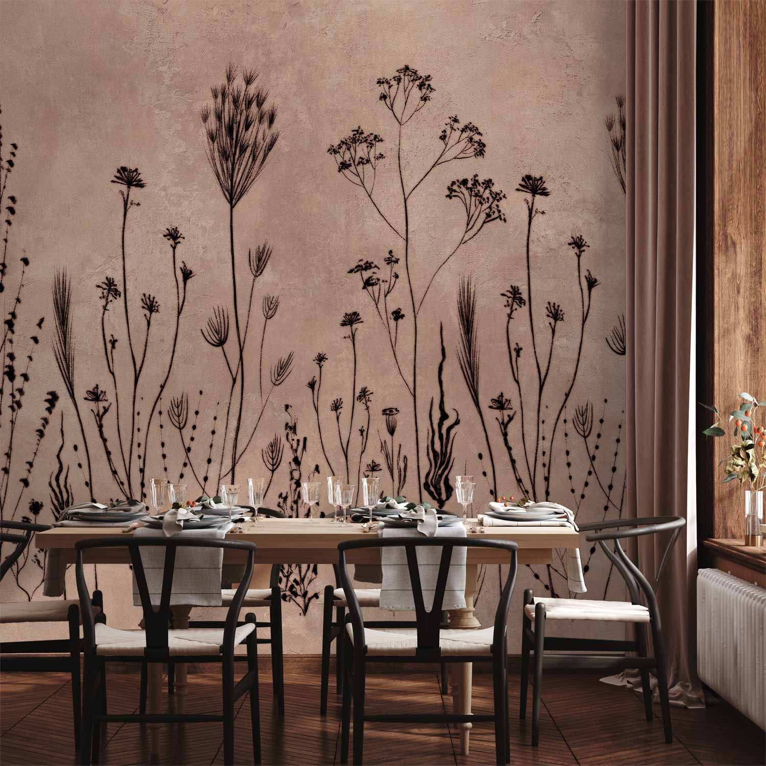 Premium Abstract Wall Mural - Wildflowers – Black Plants On Lime-Wash Background